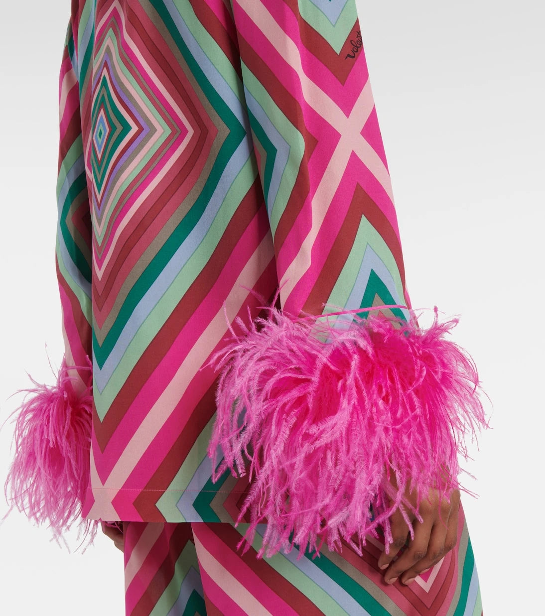 Valentino - Rhombus 75 feather-trimmed crêpe de chine top