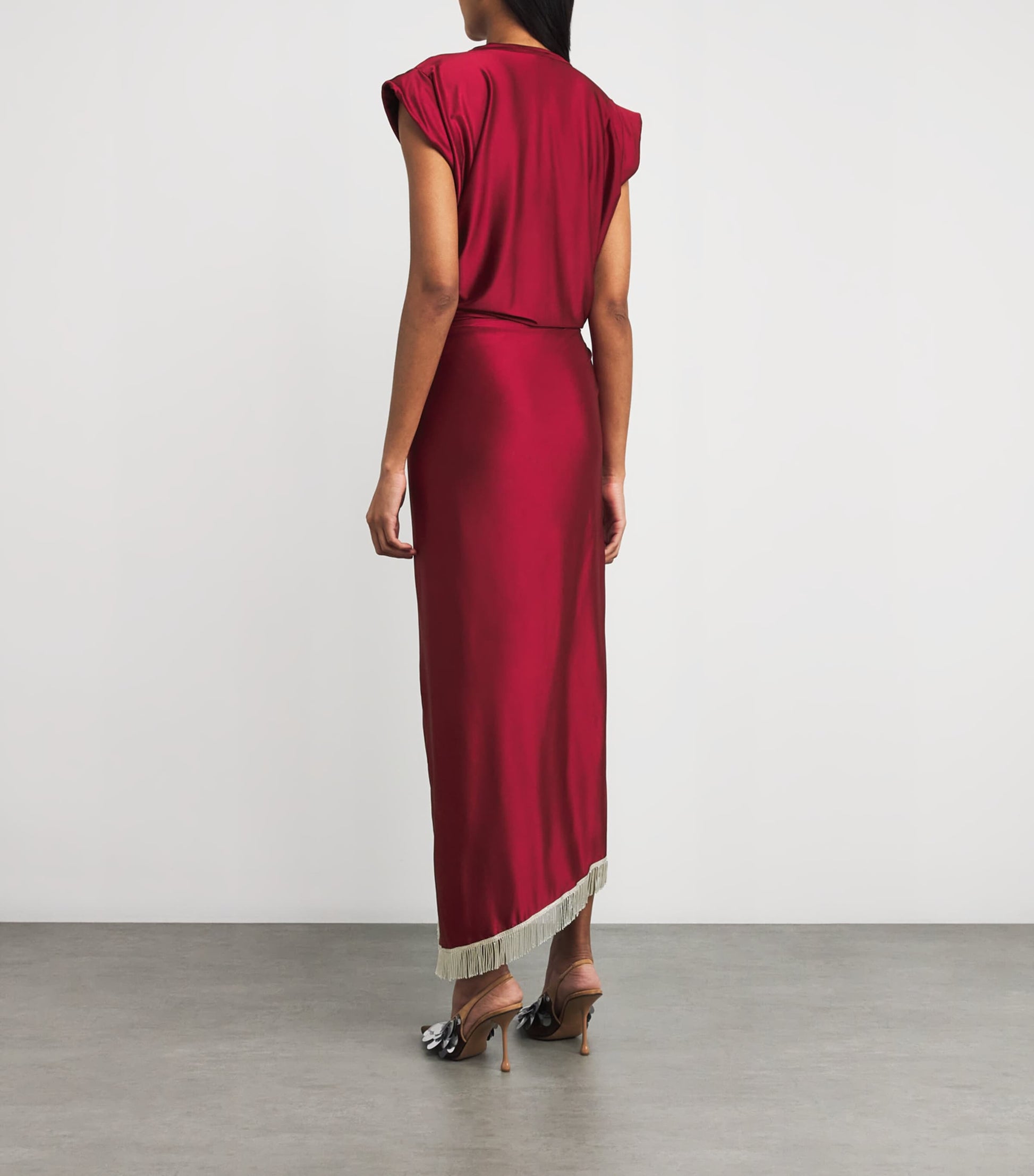 Paco Rabanne Red Tasselled Ring-Gathered Midi Dress