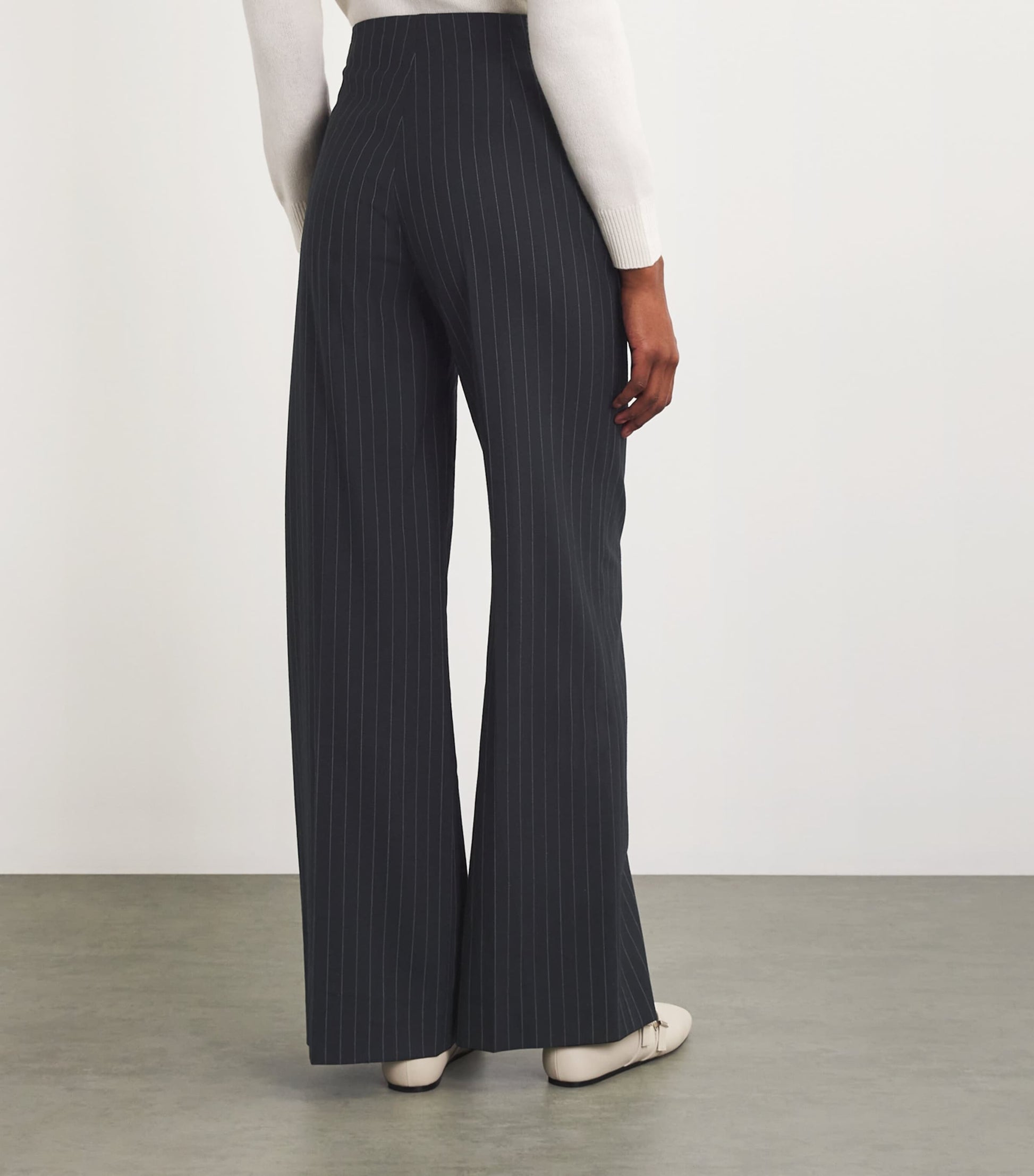 Black Pinstripe Wide-Leg Tailored Trousers