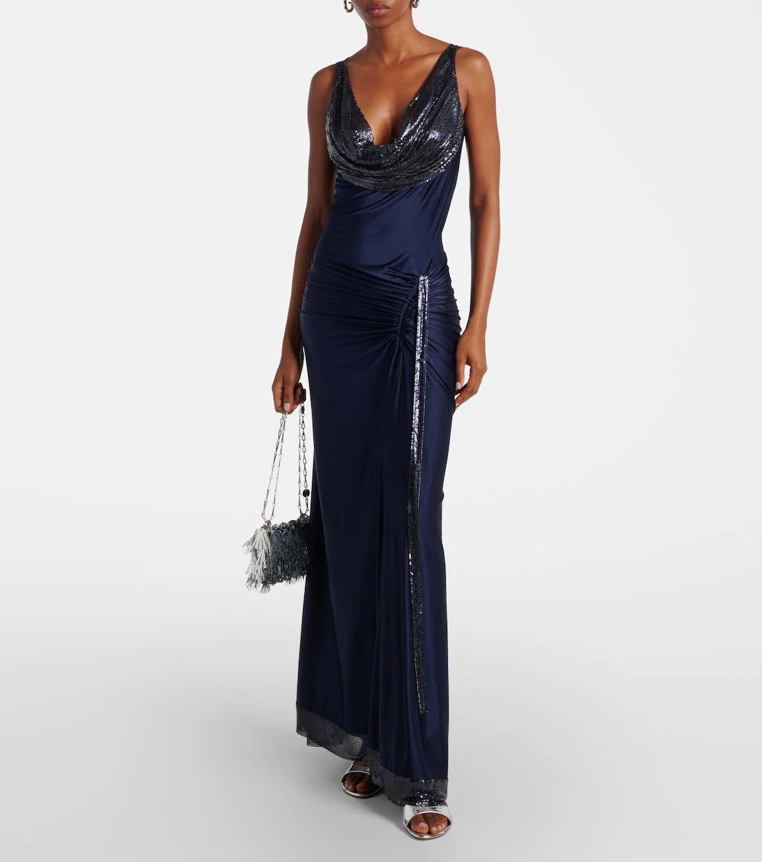 Rabanne - Embellished gathered satin maxi dress