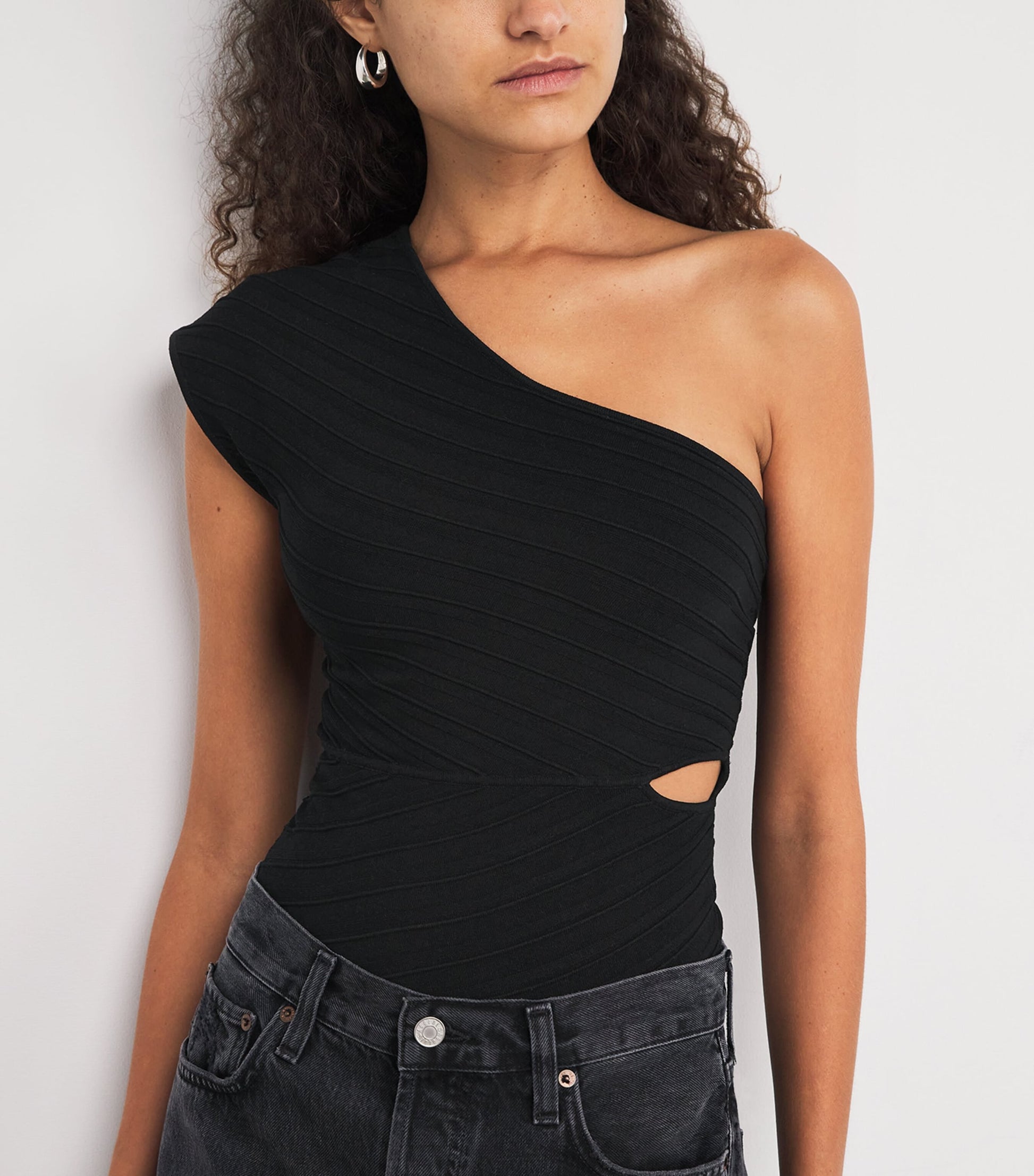 Rib-Knit Asymmetric Bodysuit BLACK