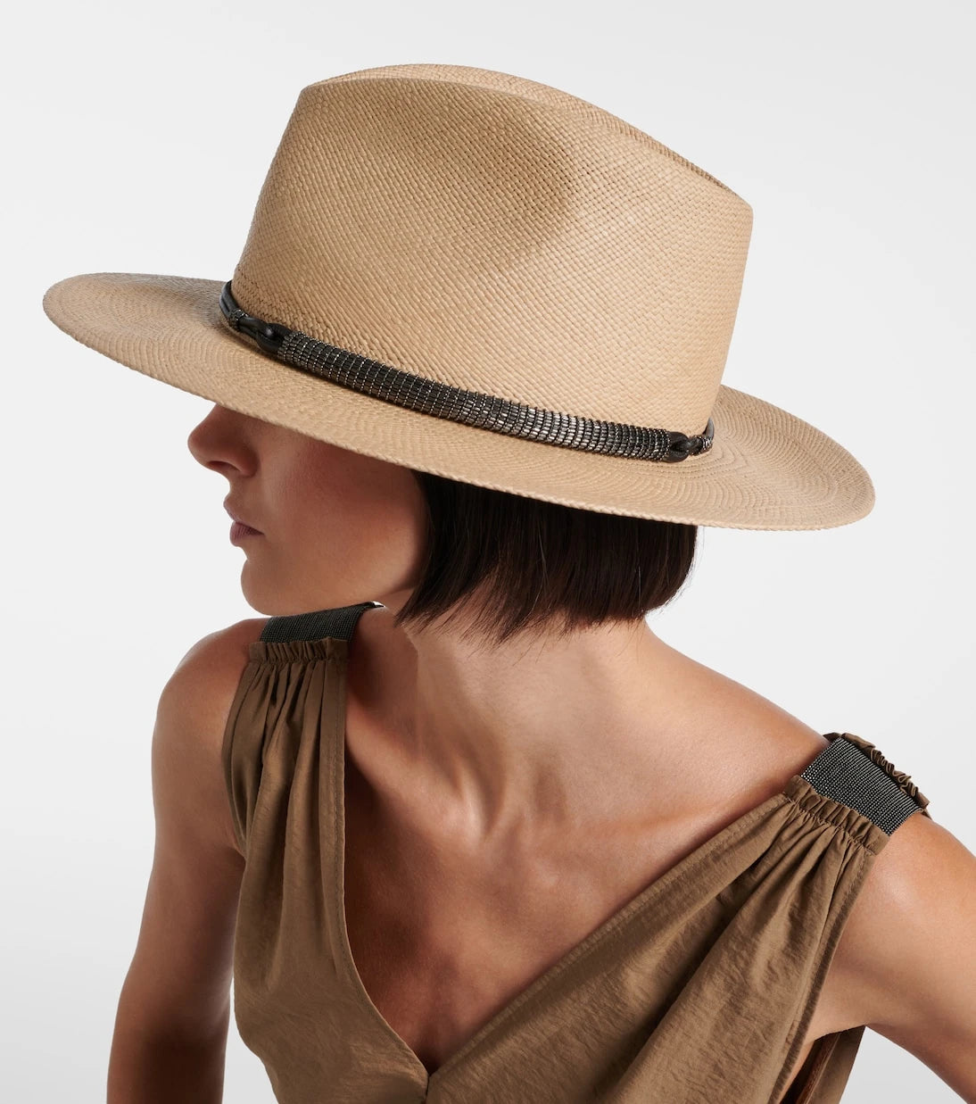 Brunello Cucinelli - Monili leather-trimmed straw fedora hat