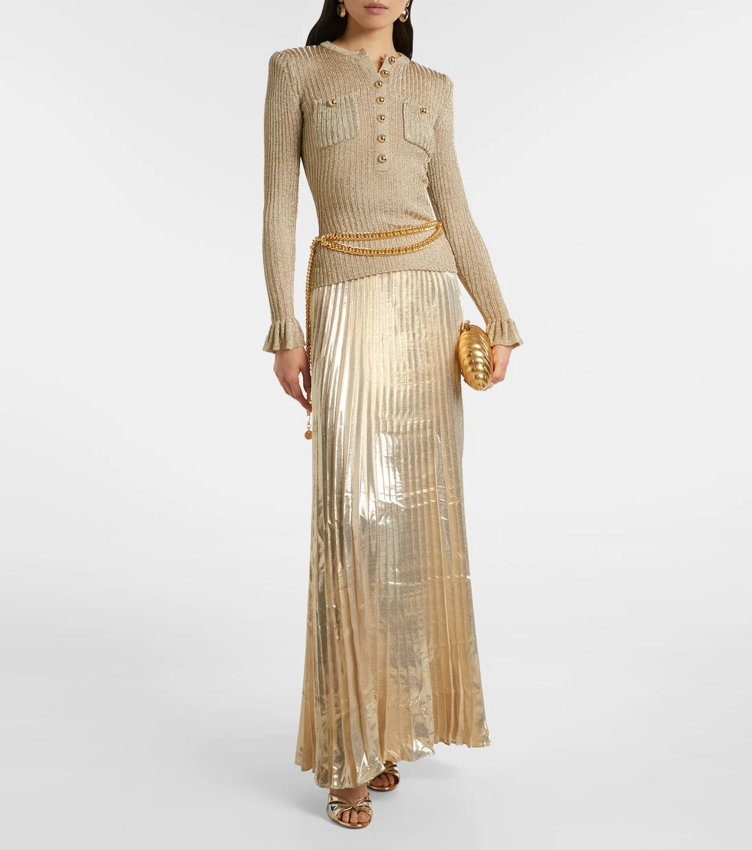 Self-Portrait - Ribbed-knit lamé plissé maxi dress