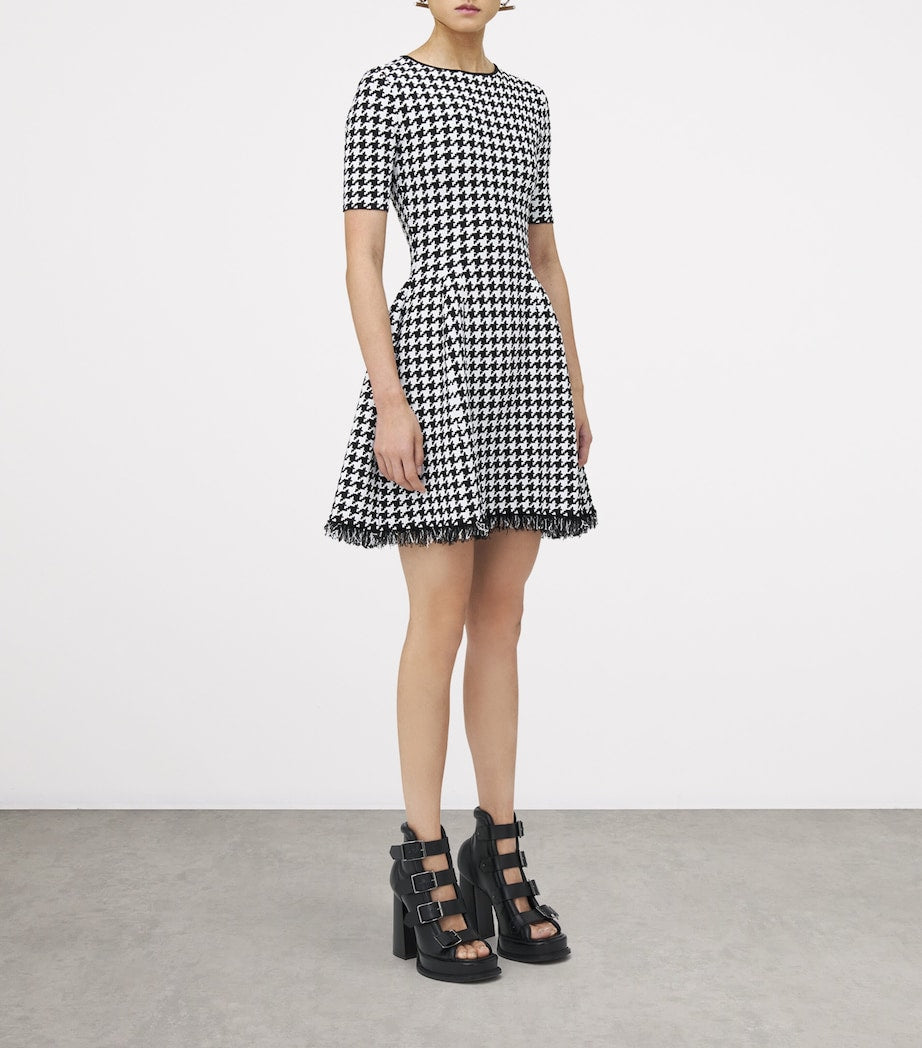 McQueen Black Frayed Houndstooth Mini Dress