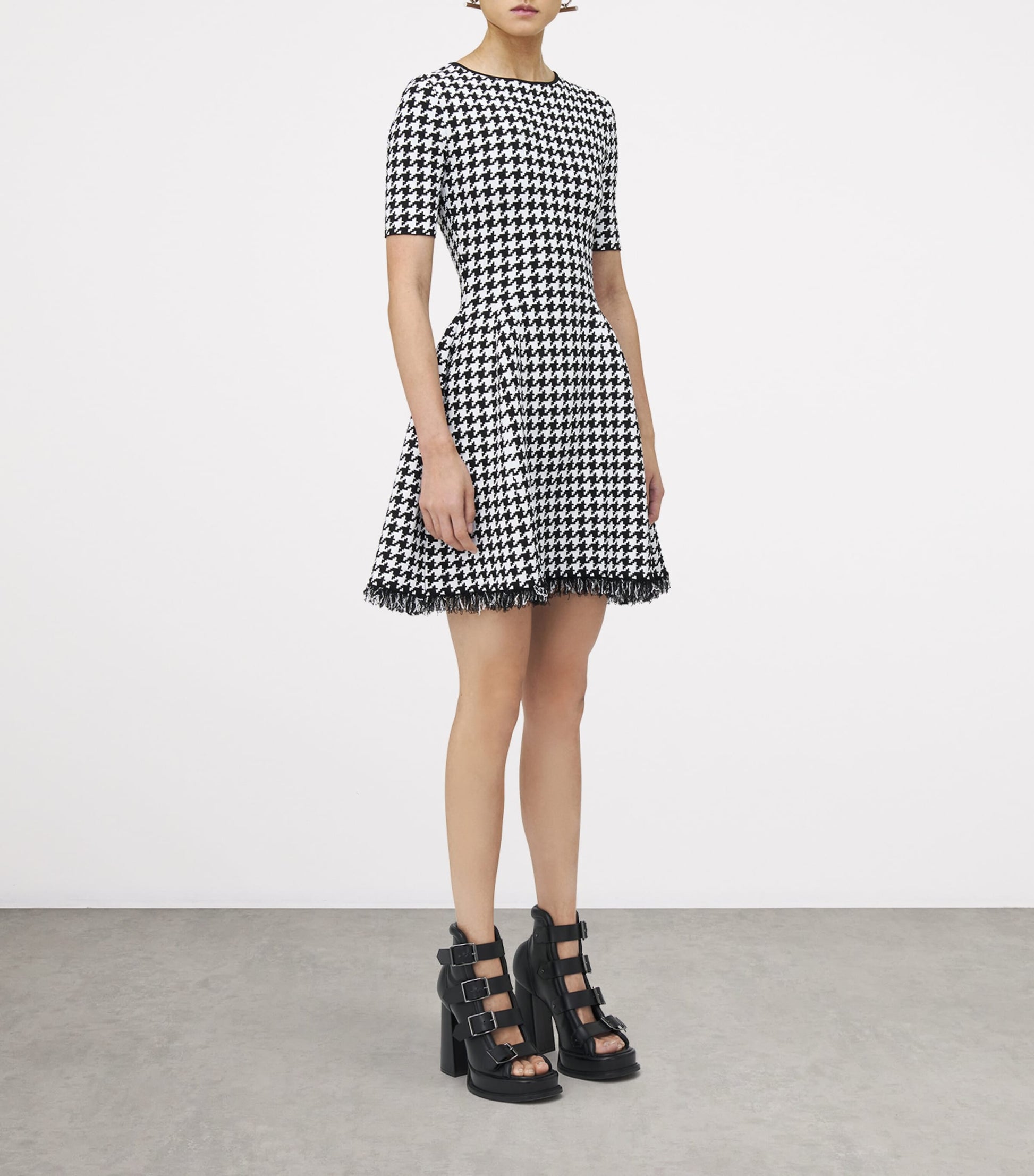 McQueen Black Frayed Houndstooth Mini Dress