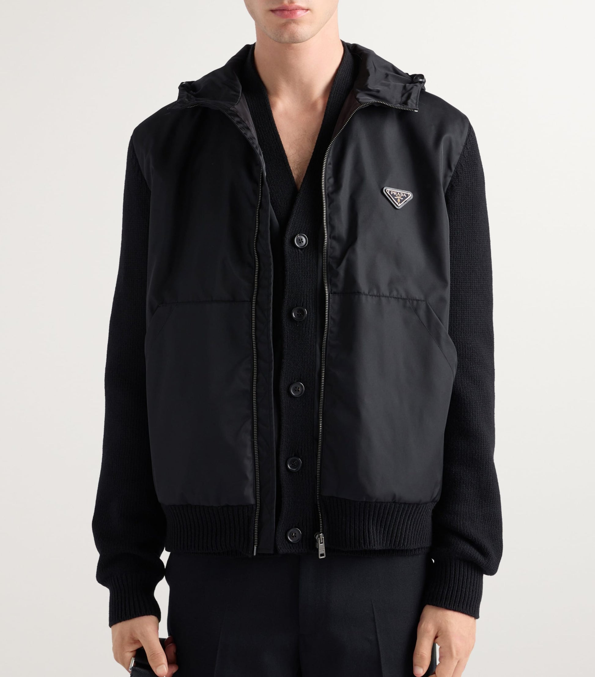 Prada Black Wool-Cashmere-Sleeve Zip-Up Hoodie