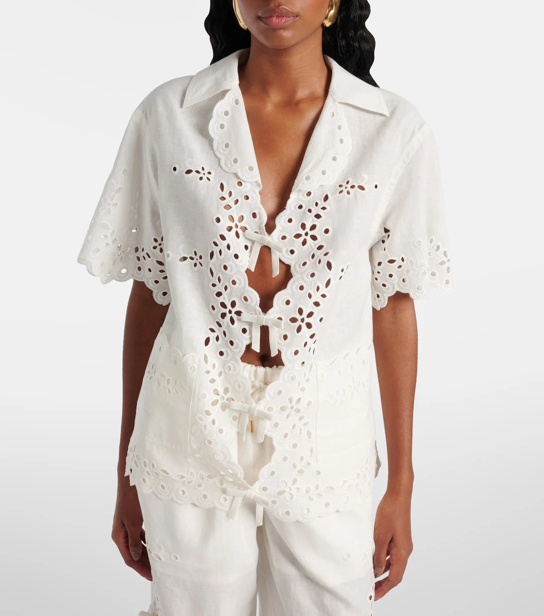 Self-Portrait - Embroidered cutout linen and cotton top