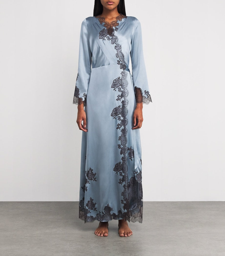 Silk Lace-Detail Long Robe BLEU GIVRE/EBEN