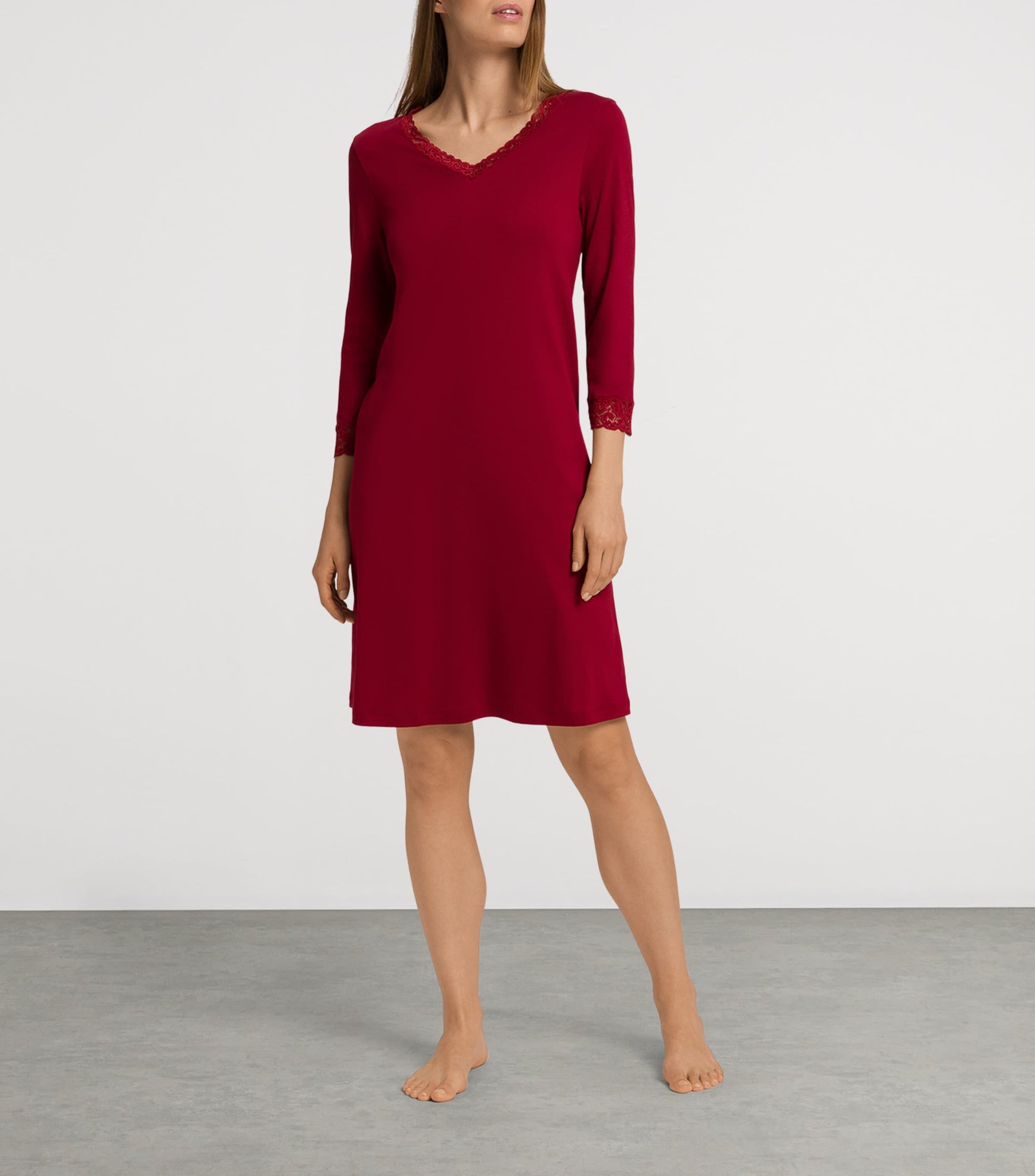 Hanro Red Cotton Cropped-Sleeve Nightdress