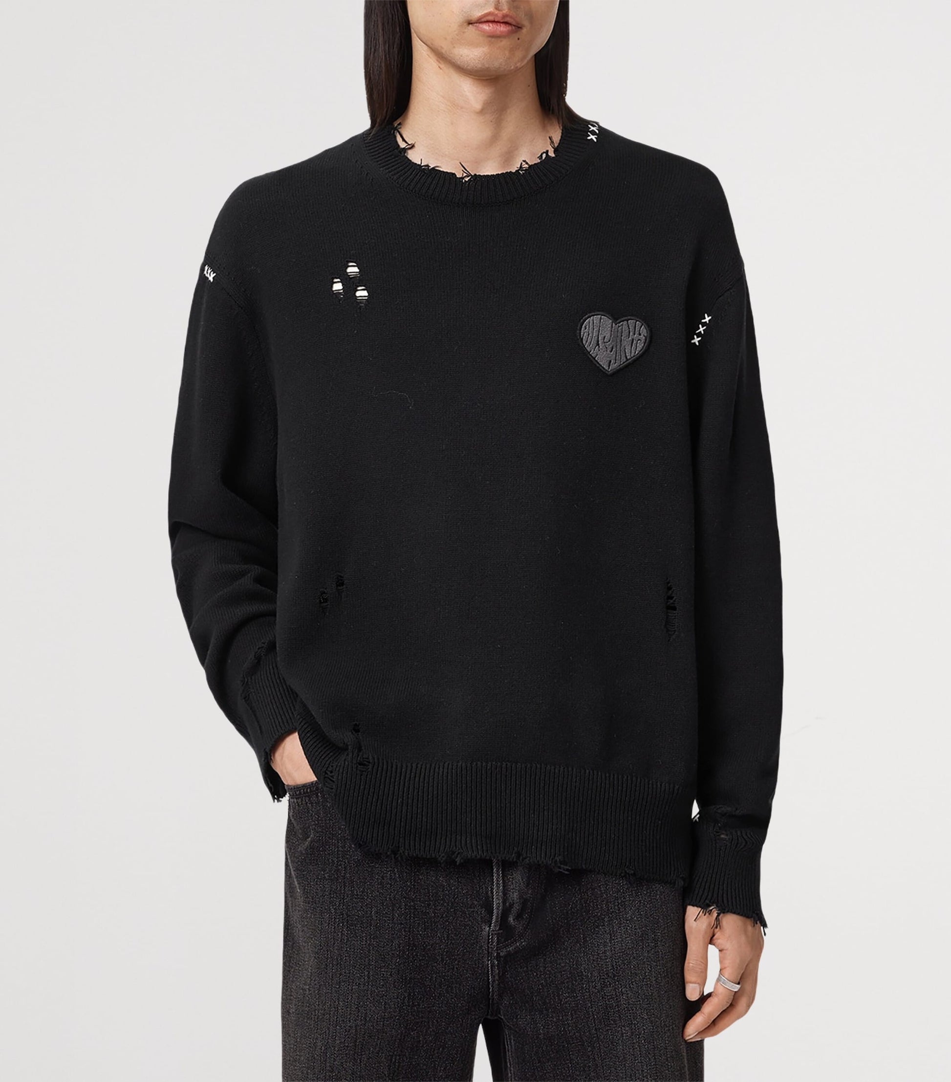 Black Cotton Distressed Theo Sweater