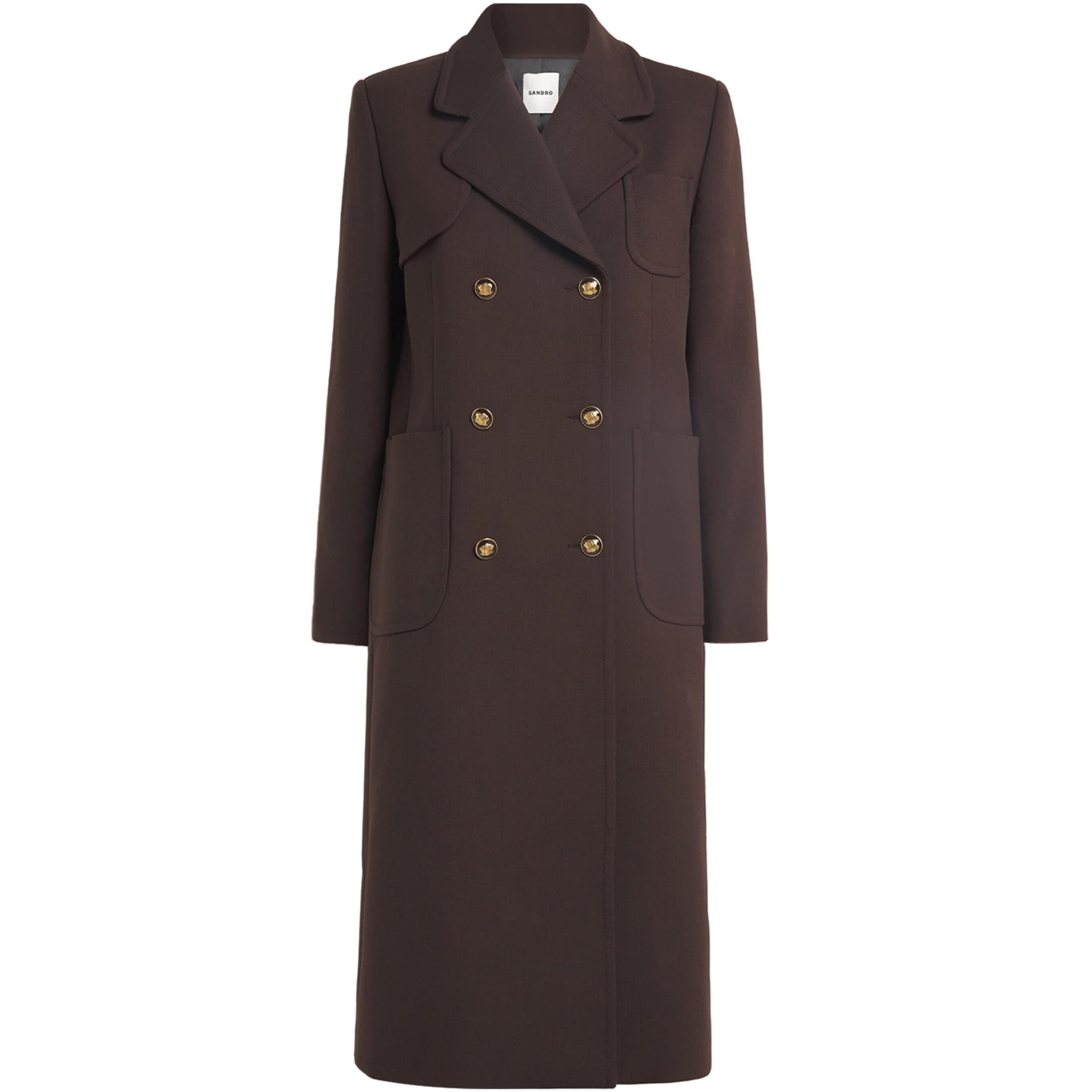 Sandro Paris Brown Virgin Wool-Blend Double-Breasted Overcoat