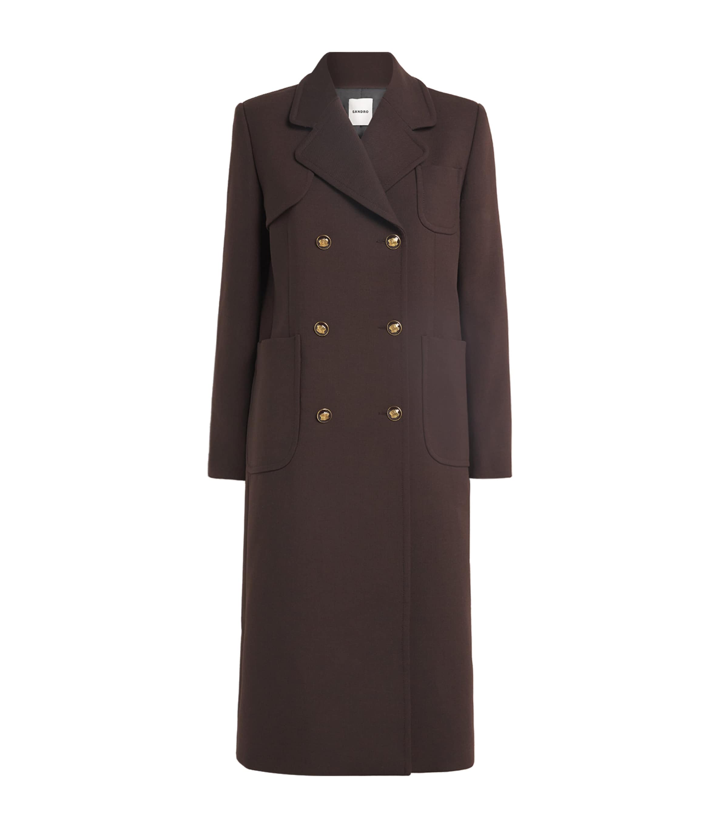 Sandro Paris Brown Virgin Wool-Blend Double-Breasted Overcoat