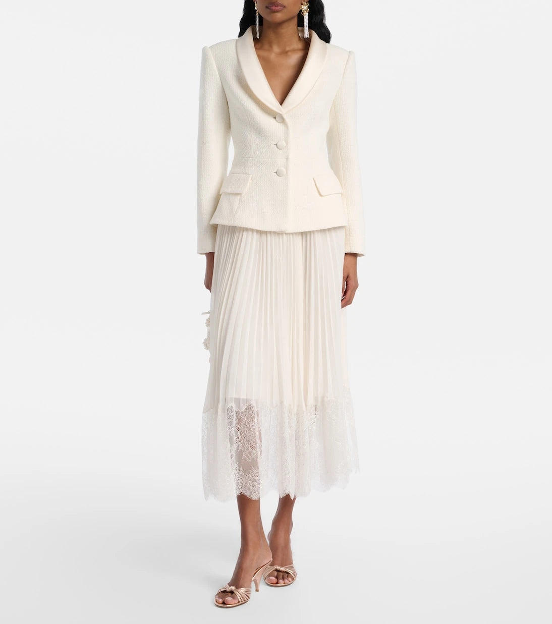 Self-Portrait - Bouclé and chiffon midi dress