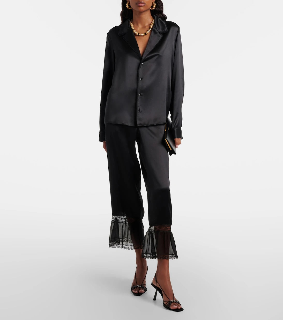 Saint Laurent - Lace-trimmed silk satin wide-leg pants