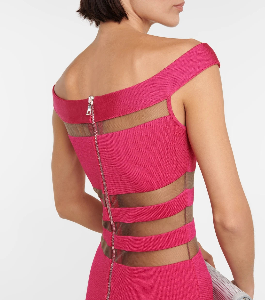 Balmain - Off-shoulder mesh-paneled minidress