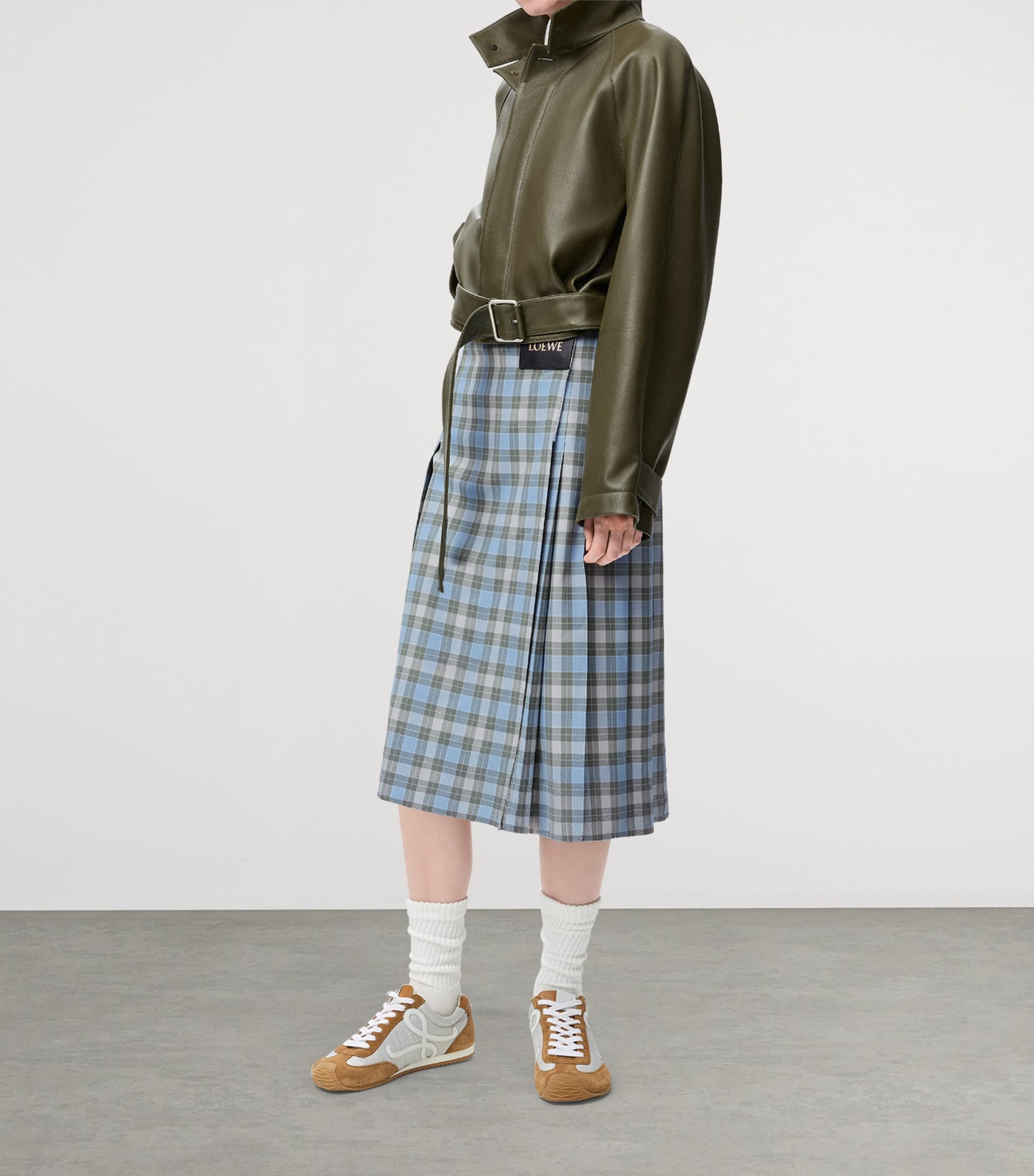 Blue Check Pleated Midi Skirt