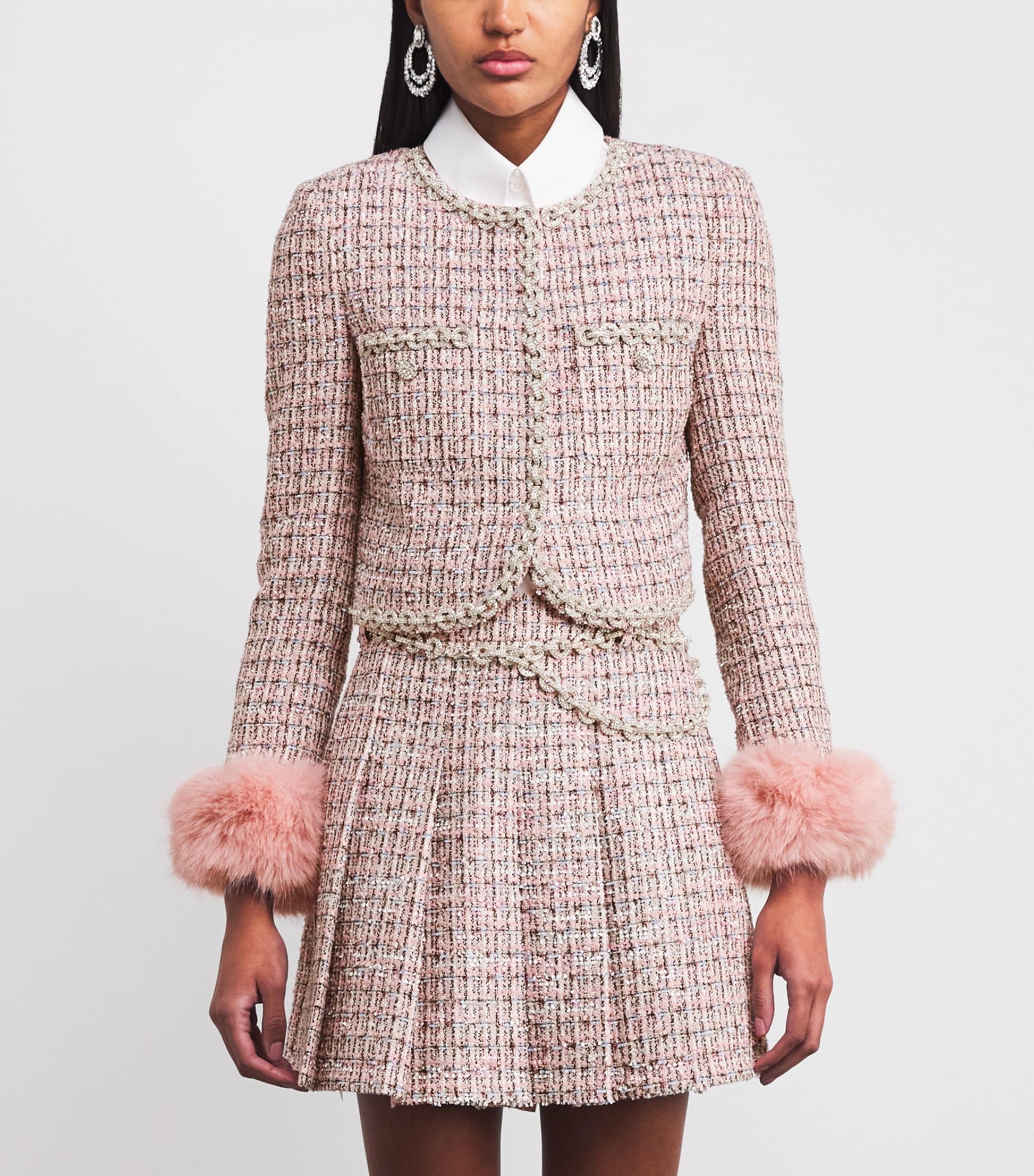 Self-Portrait Pink Bouclé Fur-Trim Jacket
