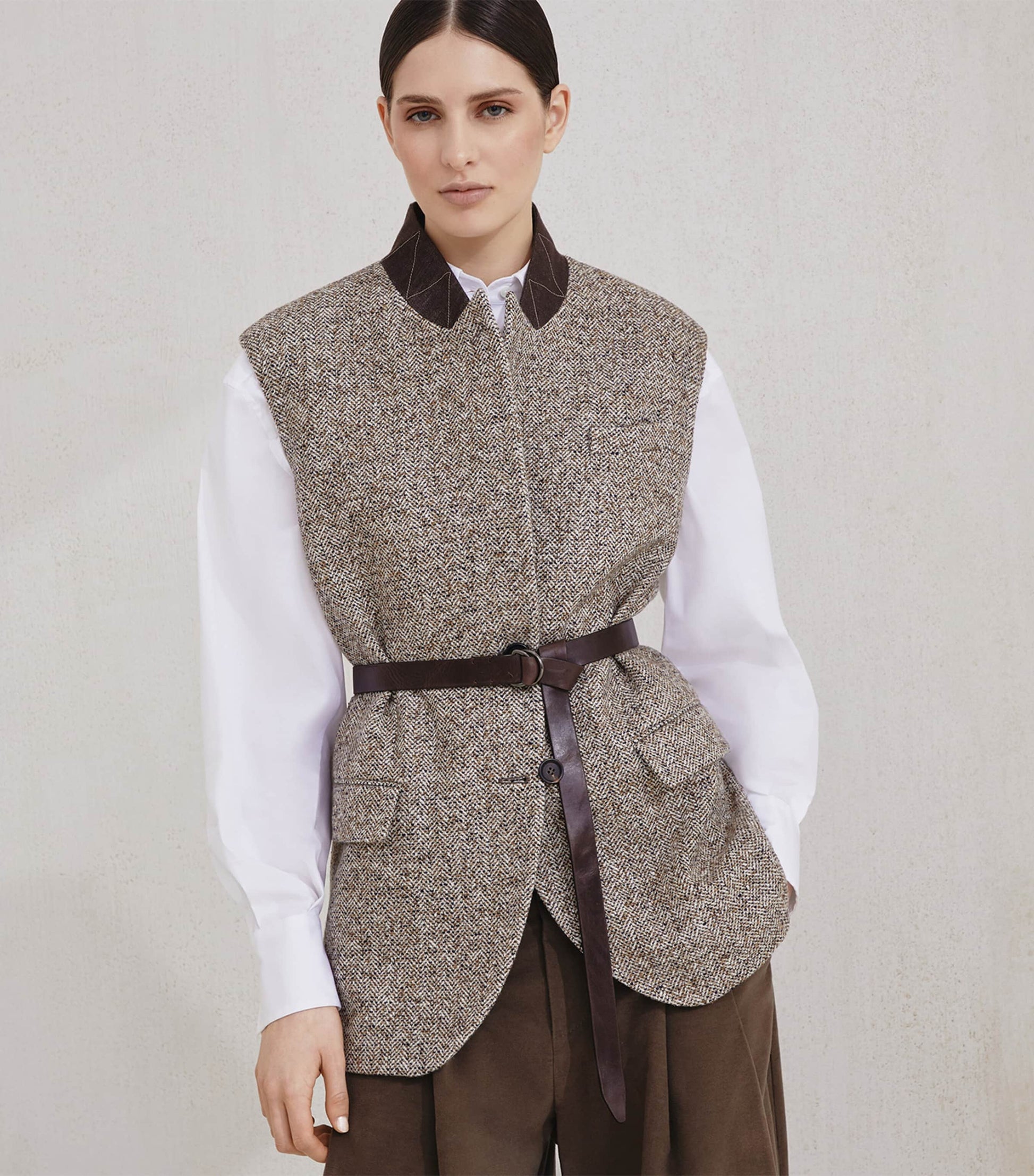 Brunello Cucinelli Yellow Virgin Wool-Silk Chevron Belted Vest