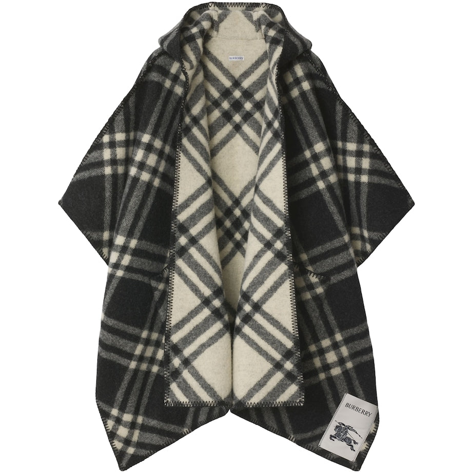 Wool Reversible Check Cape BLACK