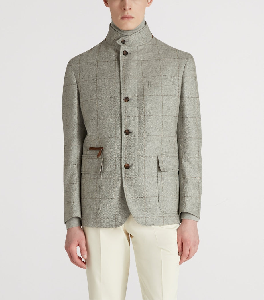 Grey Wool-Silk Herringbone Travel Jacket