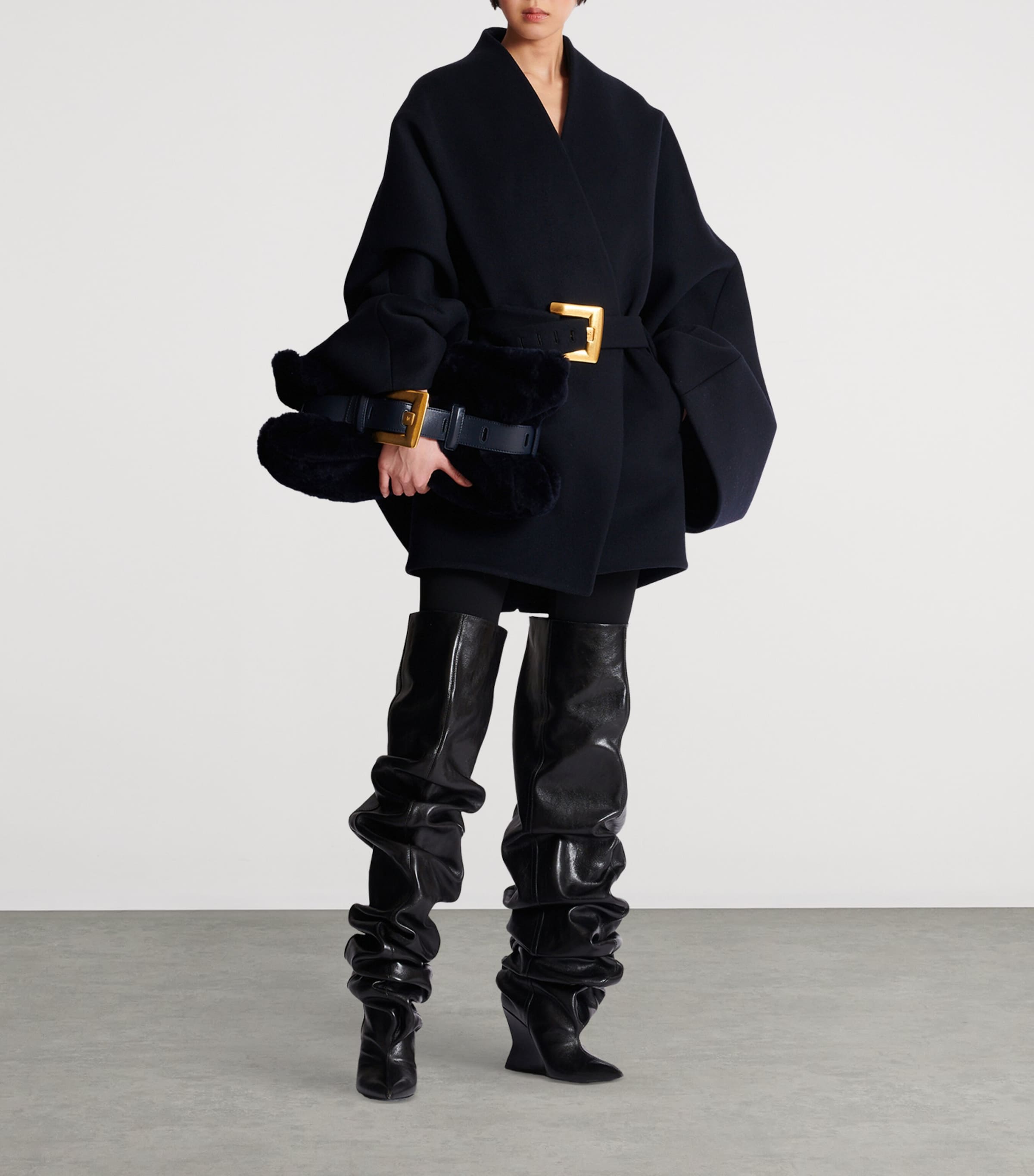 Navy Wool-Blend Oversized Wrap Coat