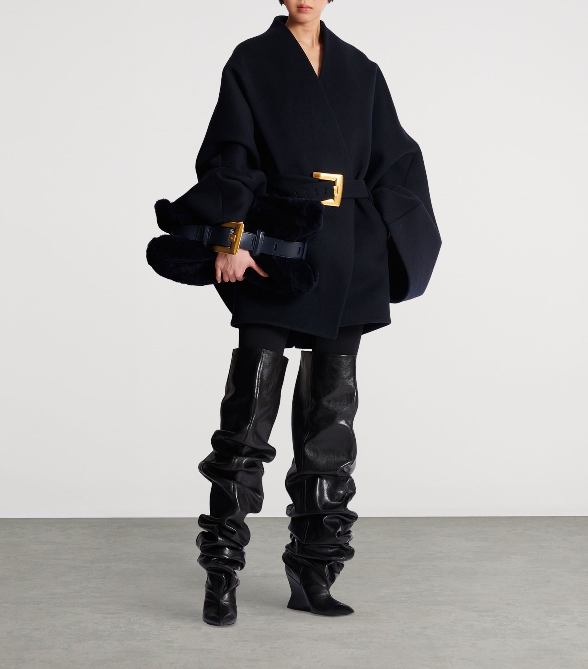 Navy Wool-Blend Oversized Wrap Coat