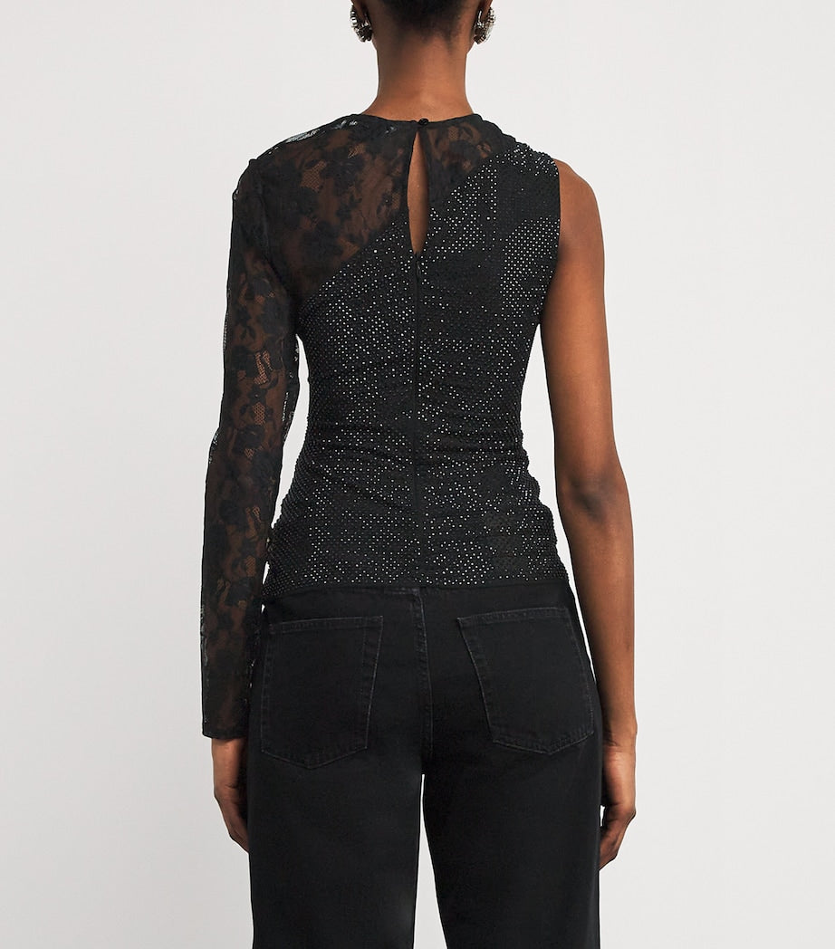 Self-Portrait Black Rhinestone-Lace One-Shoulder Top