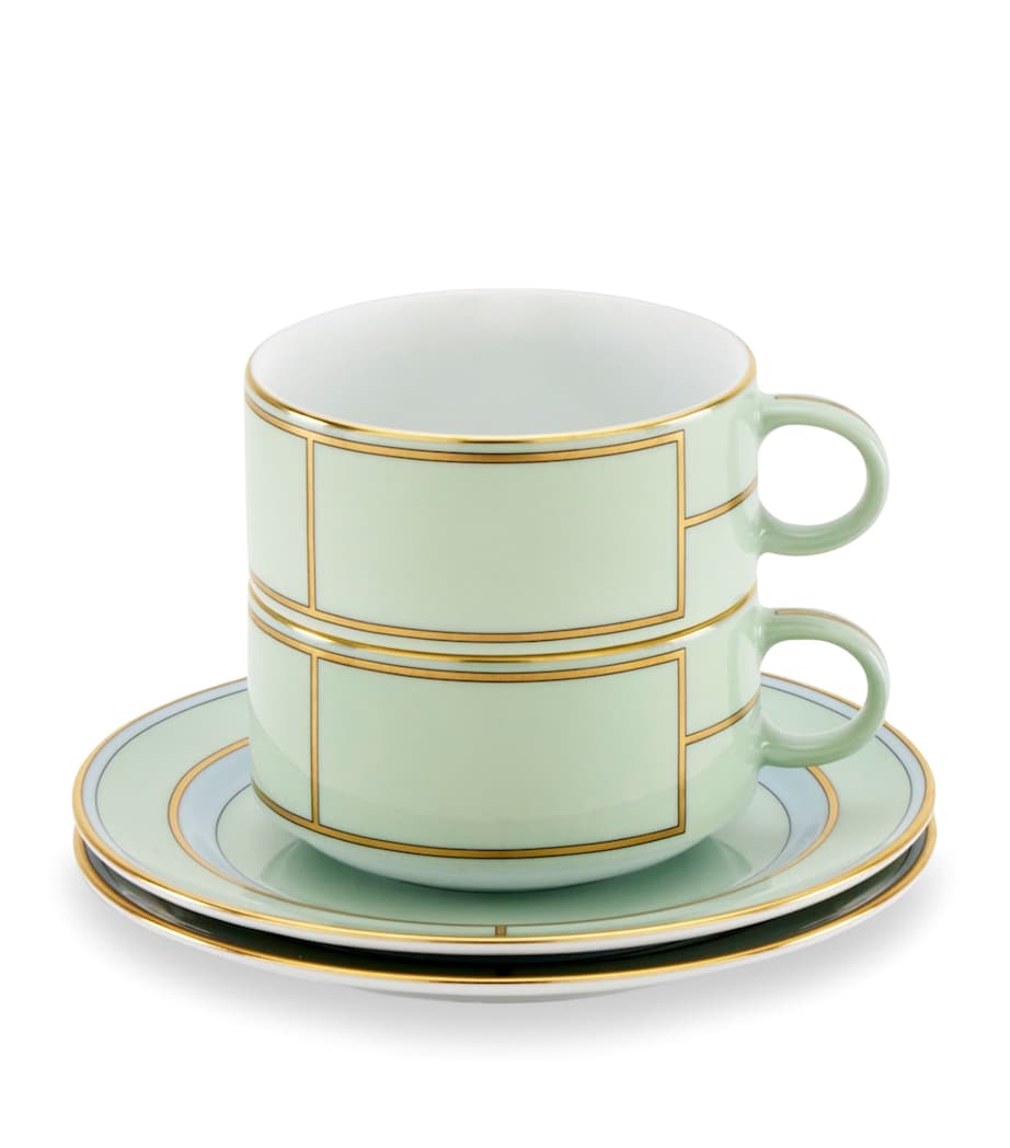 Set of 2 Porcelain Colonna Diva Verde Teacups and Saucers