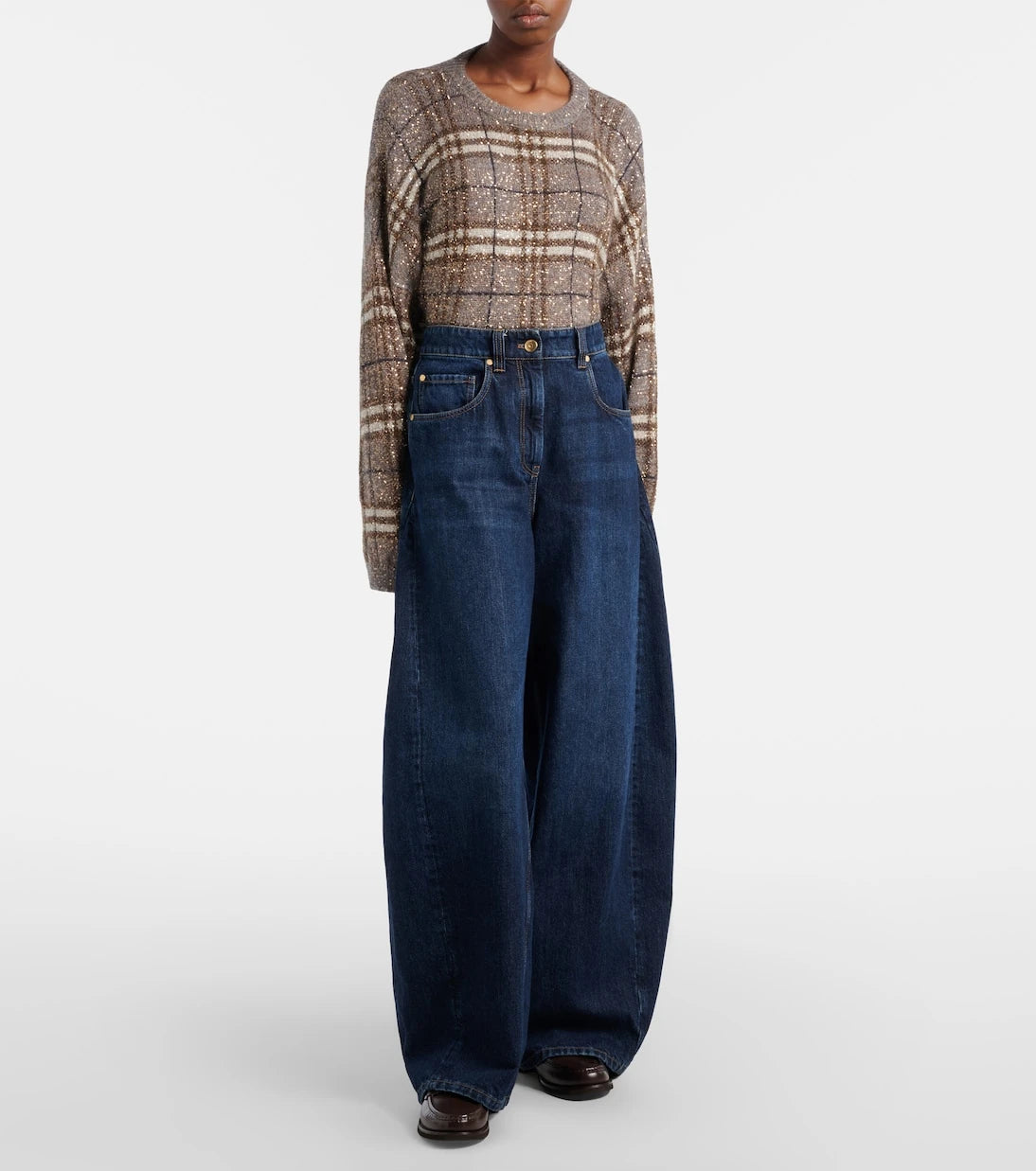Brunello Cucinelli - Leather-trimmed barrel-leg jeans