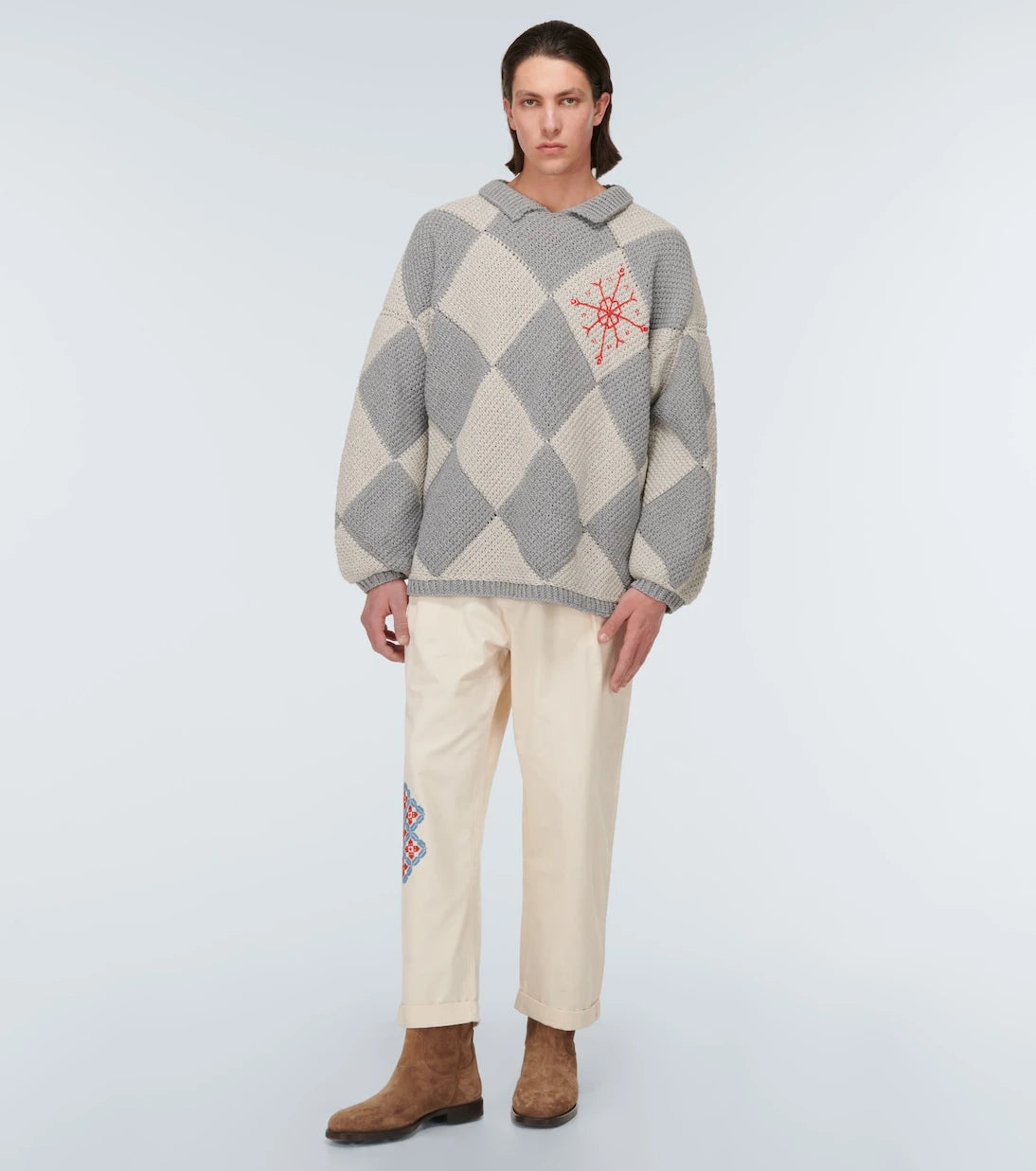 Adish - Embroidered straight cotton pants