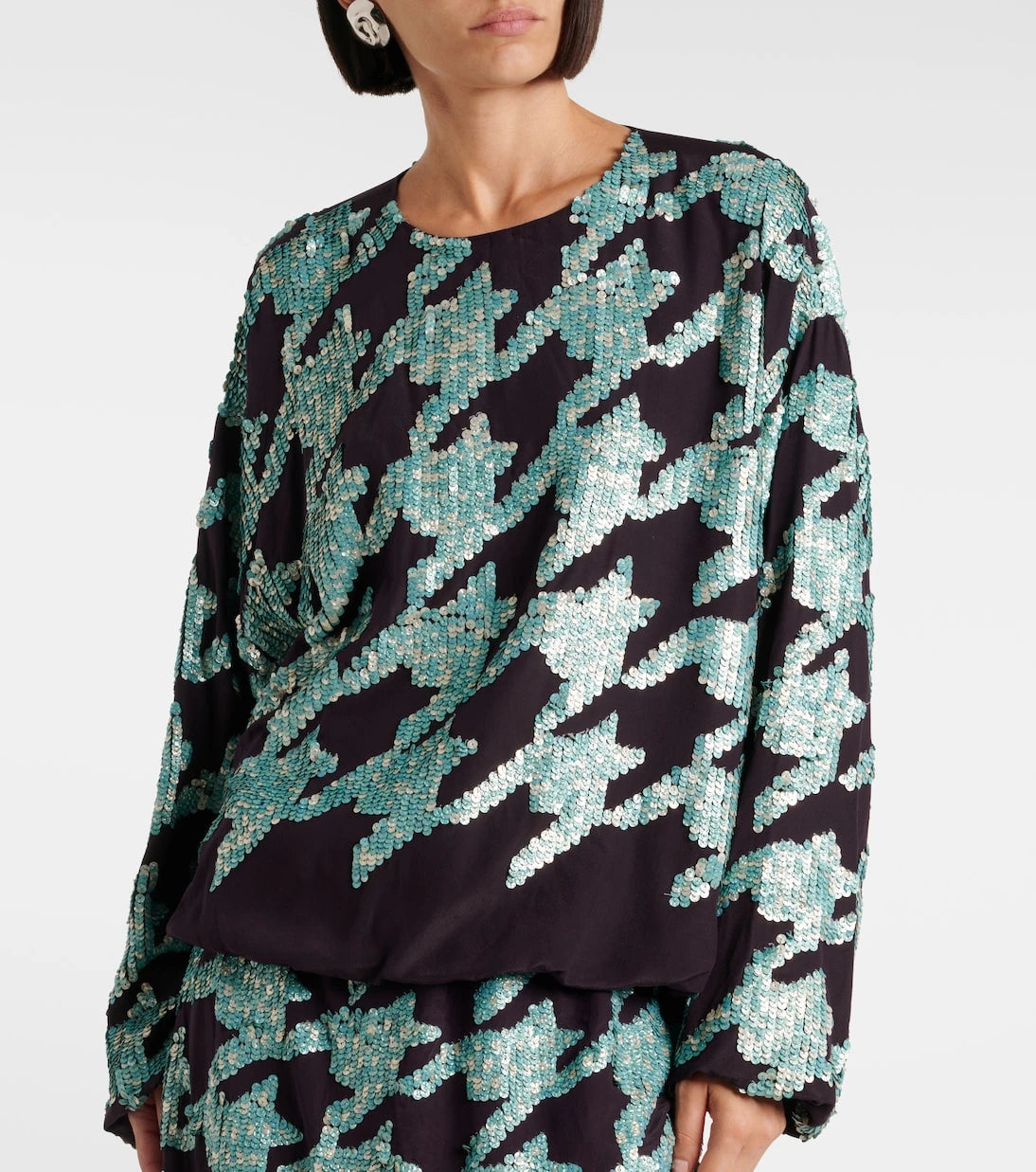 Dries Van Noten - سويت شيرت حرير بنقشة الكاروهات المُرَصَّعة بالترتر