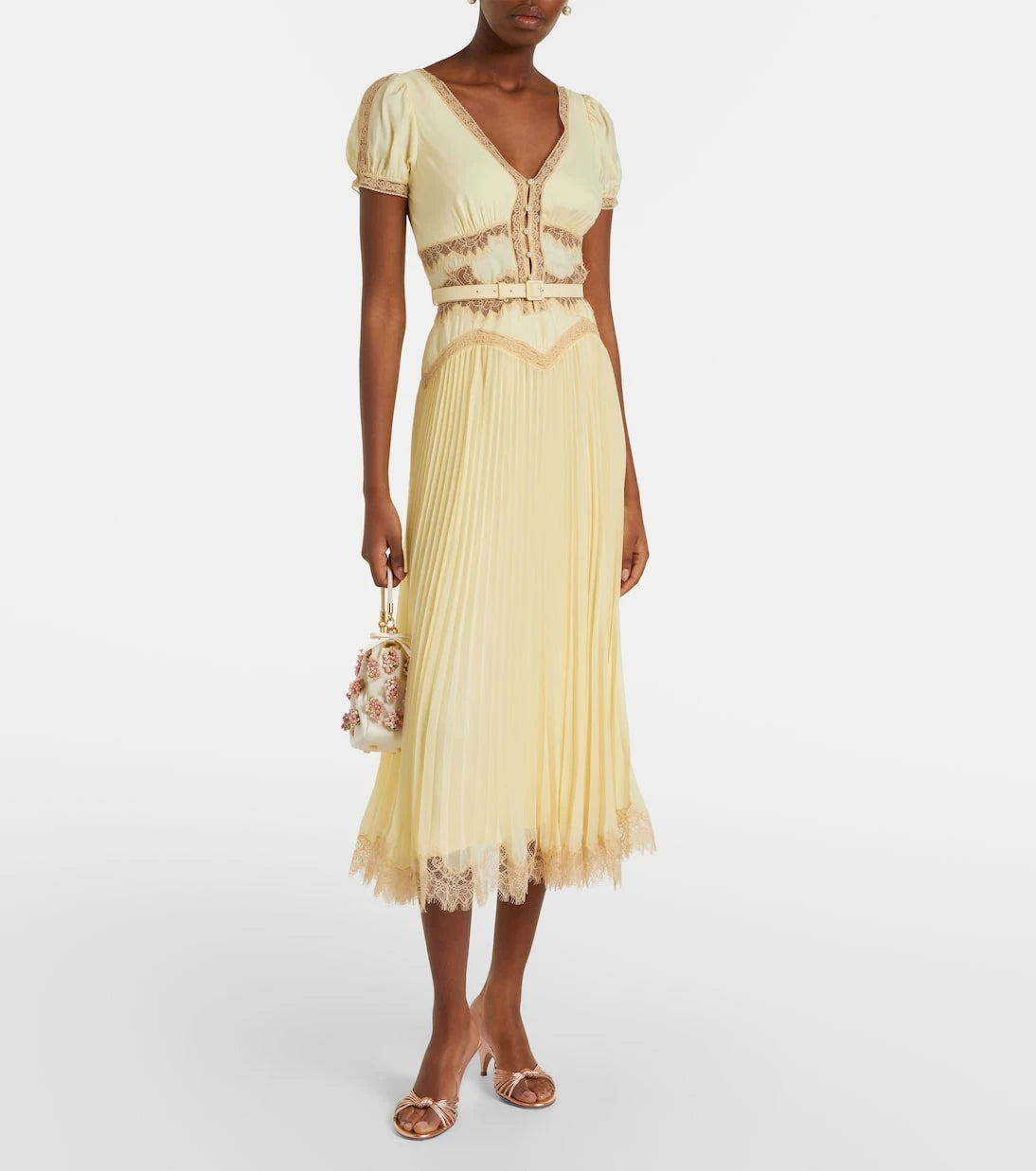 Self-Portrait - Lace-trimmed pleated midi dress