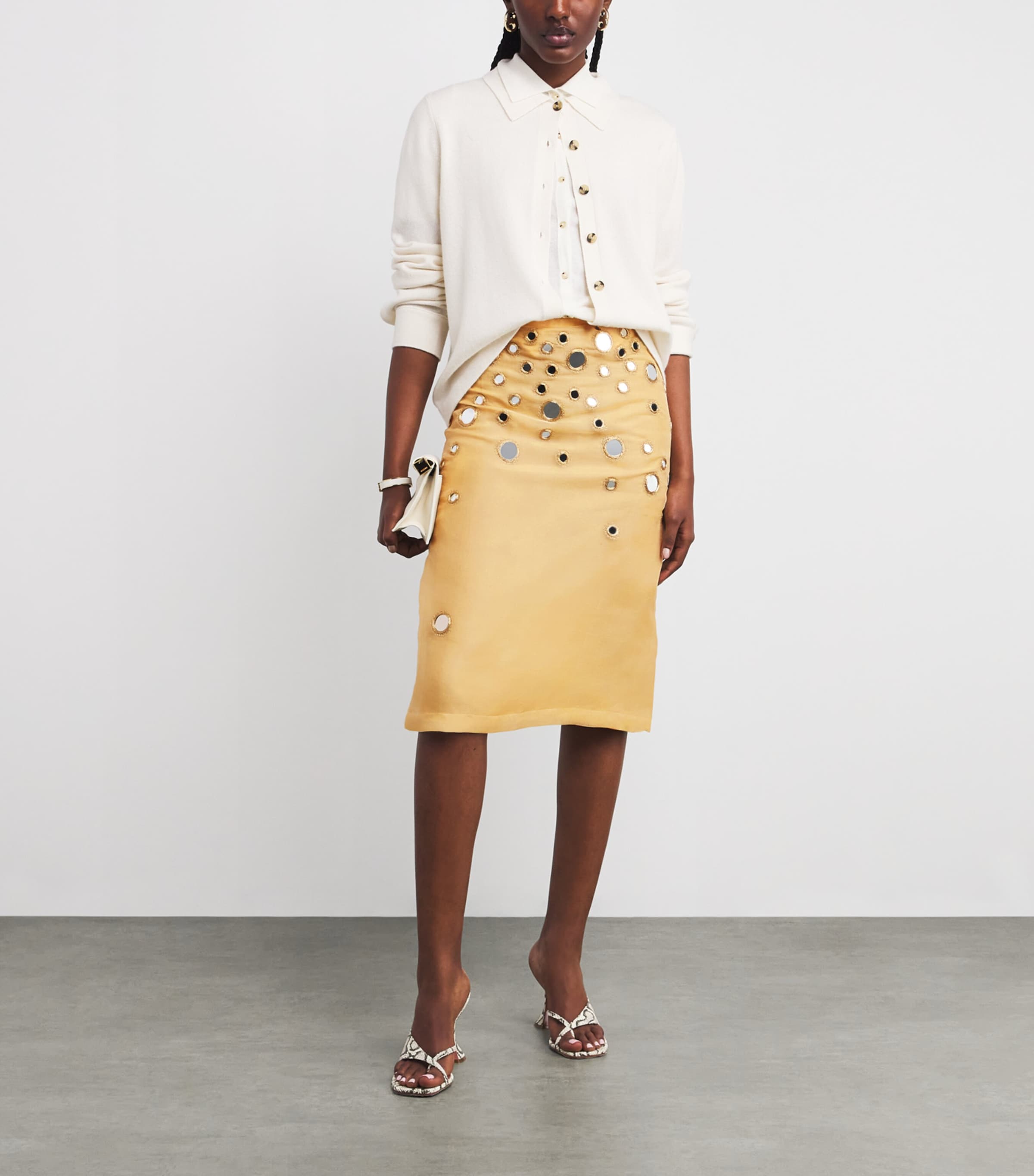 Beige Silk Mirror-Embellished Midi Skirt