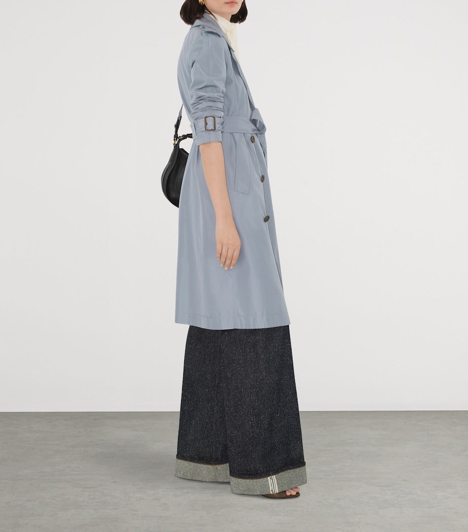 Blue Silk Poplin Long Trench Coat