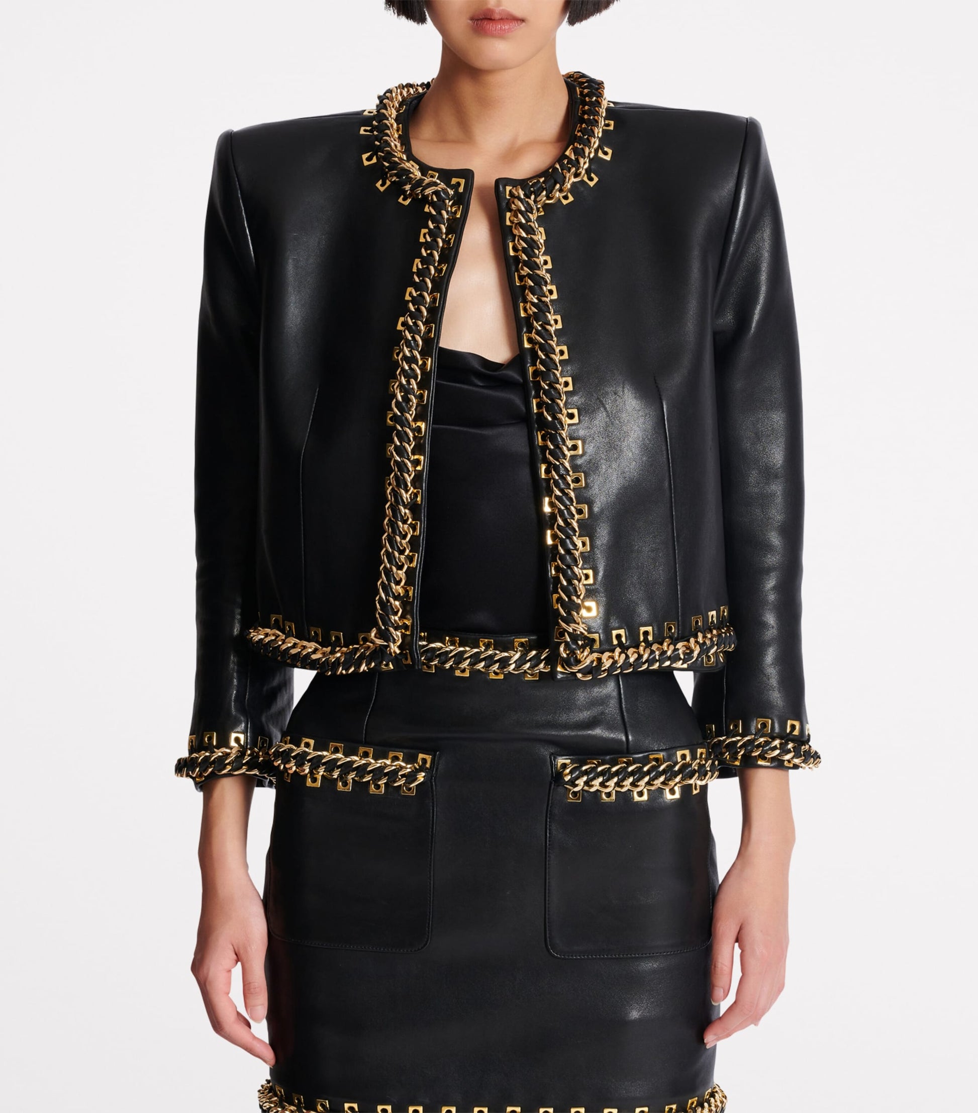 Balmain Black Leather Chain-Detail Jacket