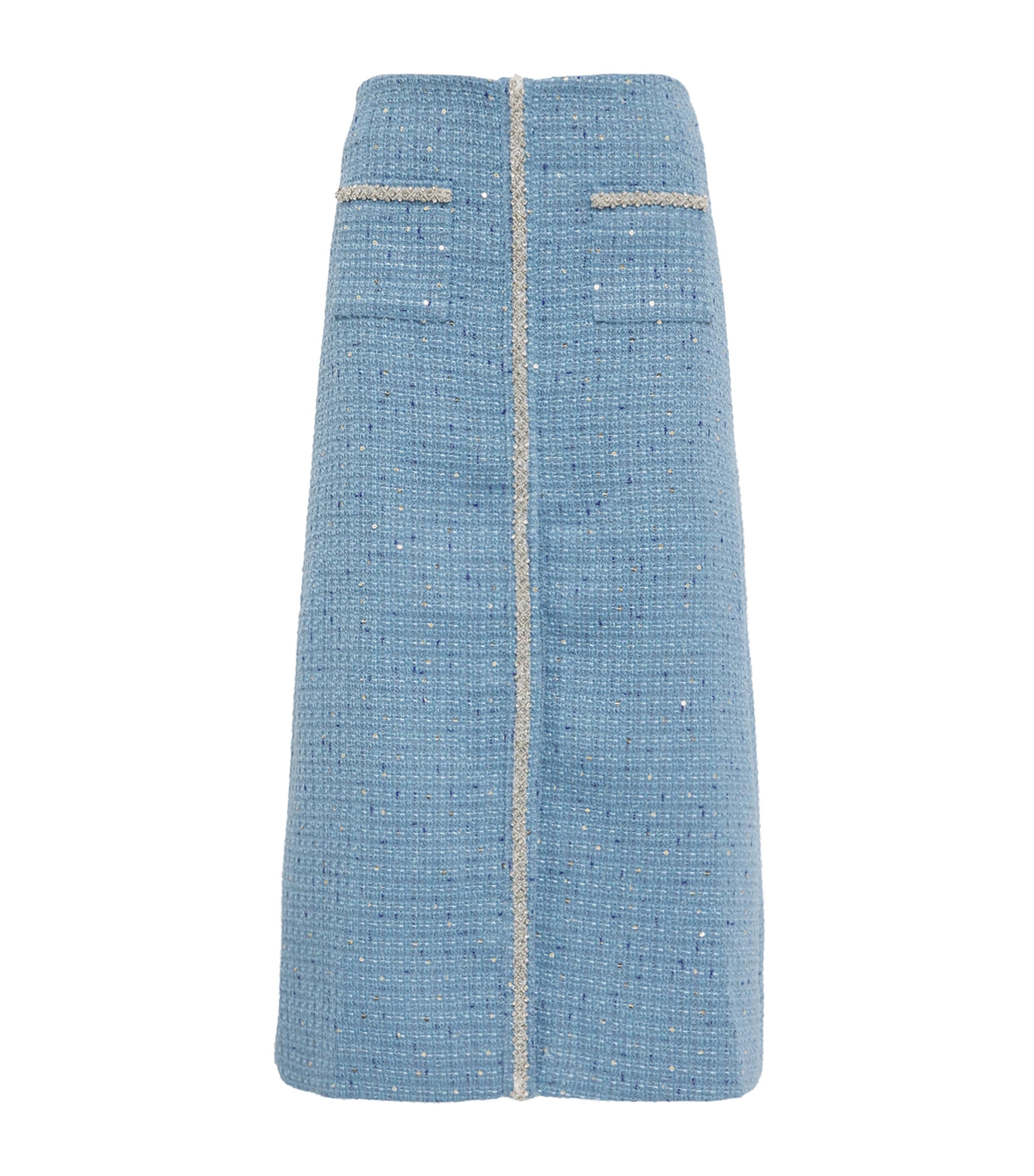 Blue Tweed Sequinned Midi Skirt