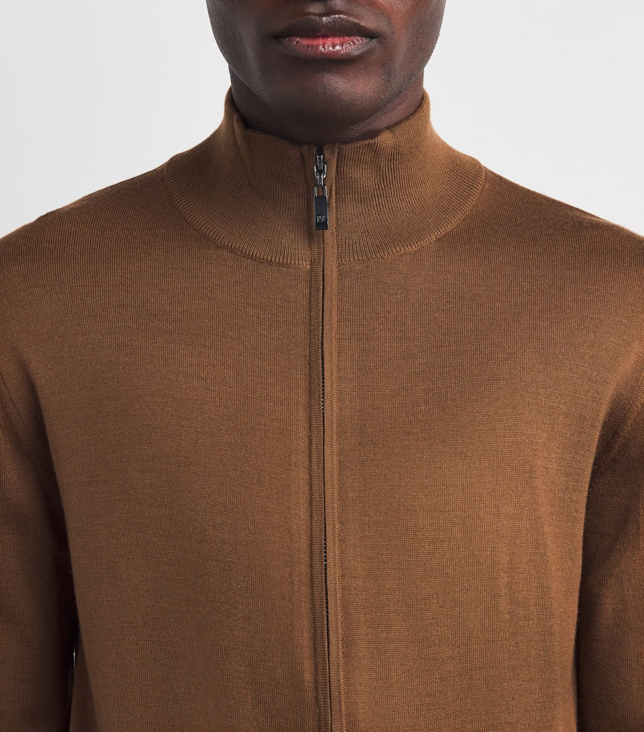 Pal Zileri Brown Wool Zip-Up Cardigan