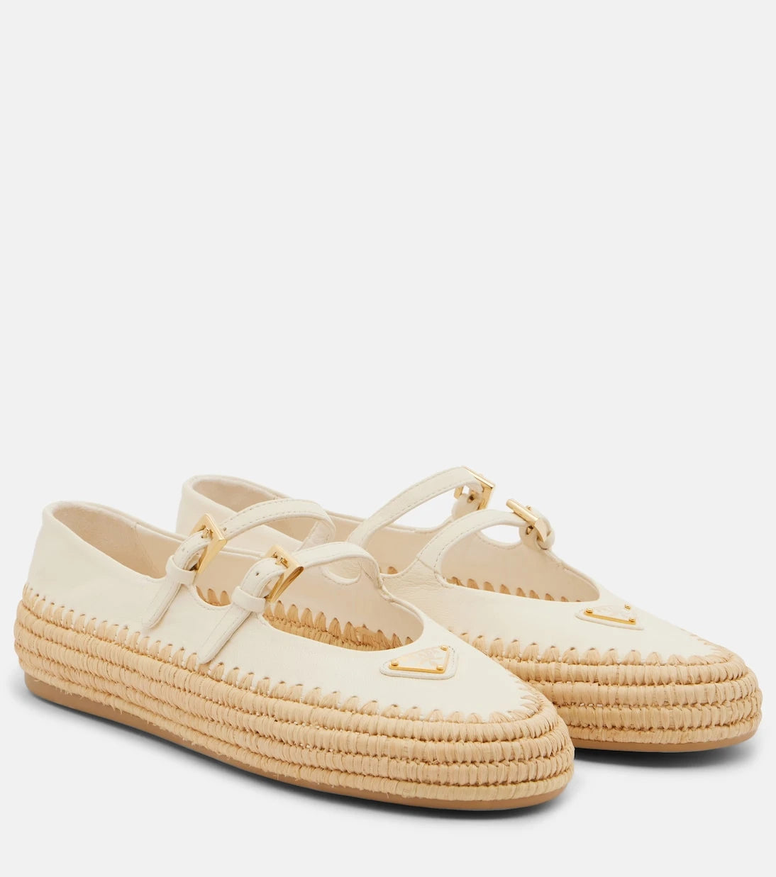 Prada - Leather and raffia Mary Jane flats