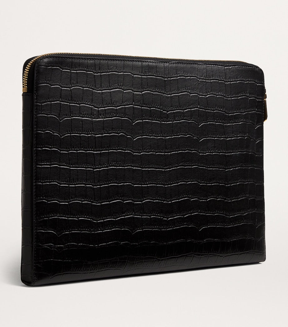 Black Large Croc-Embossed Leather Pouch