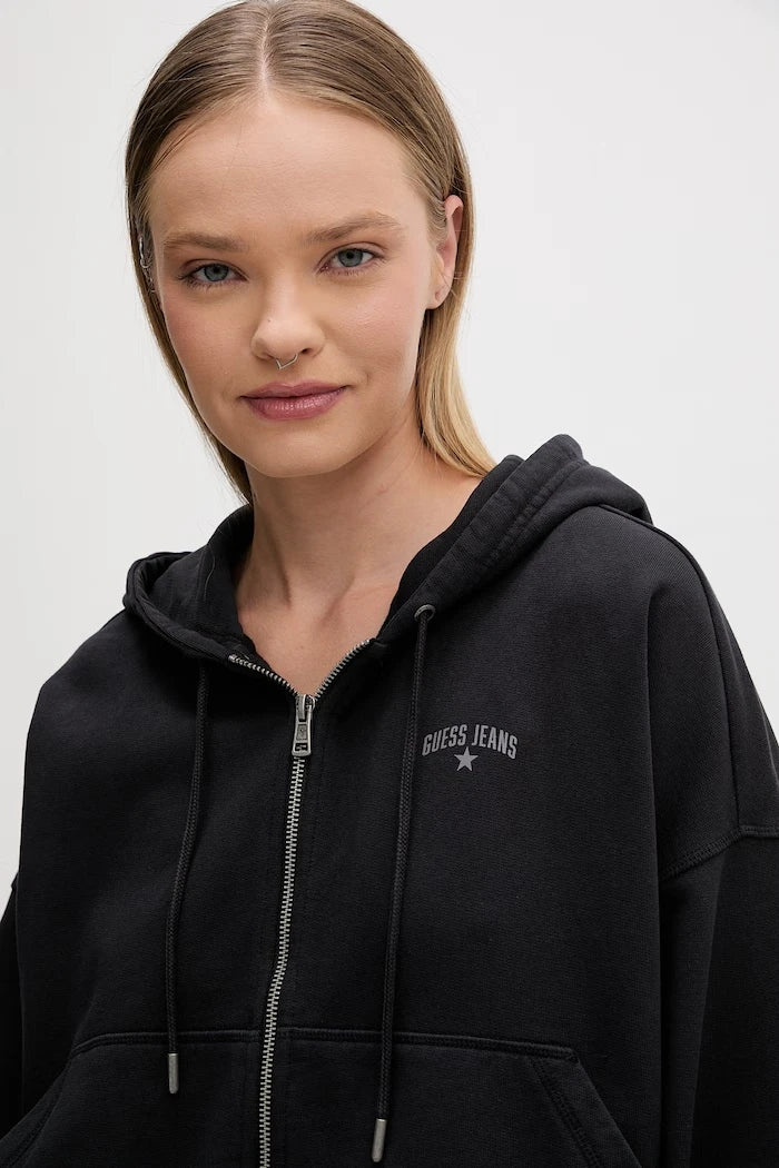 Guess Jeans fermuarlı ve kapüşonlu kadın pamuklu sweatshirt