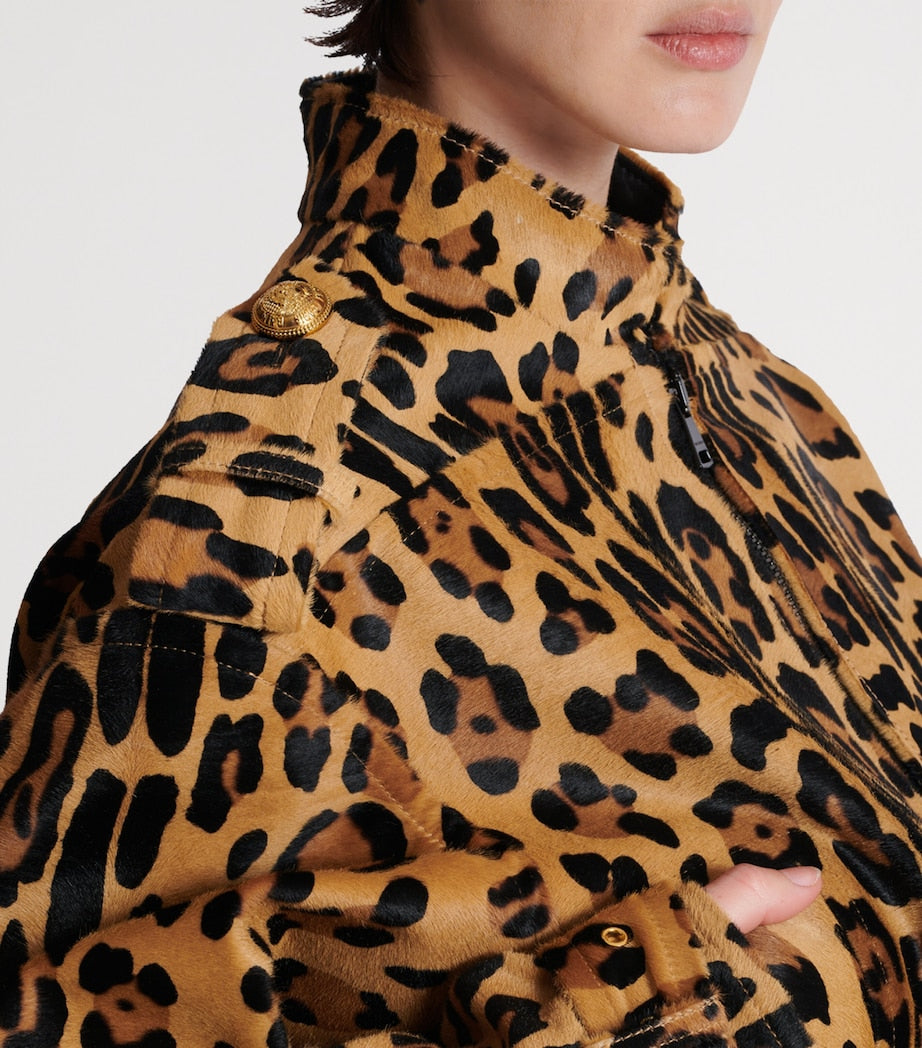 Balmain Brown Suede Leopard Print Bomber Jacket