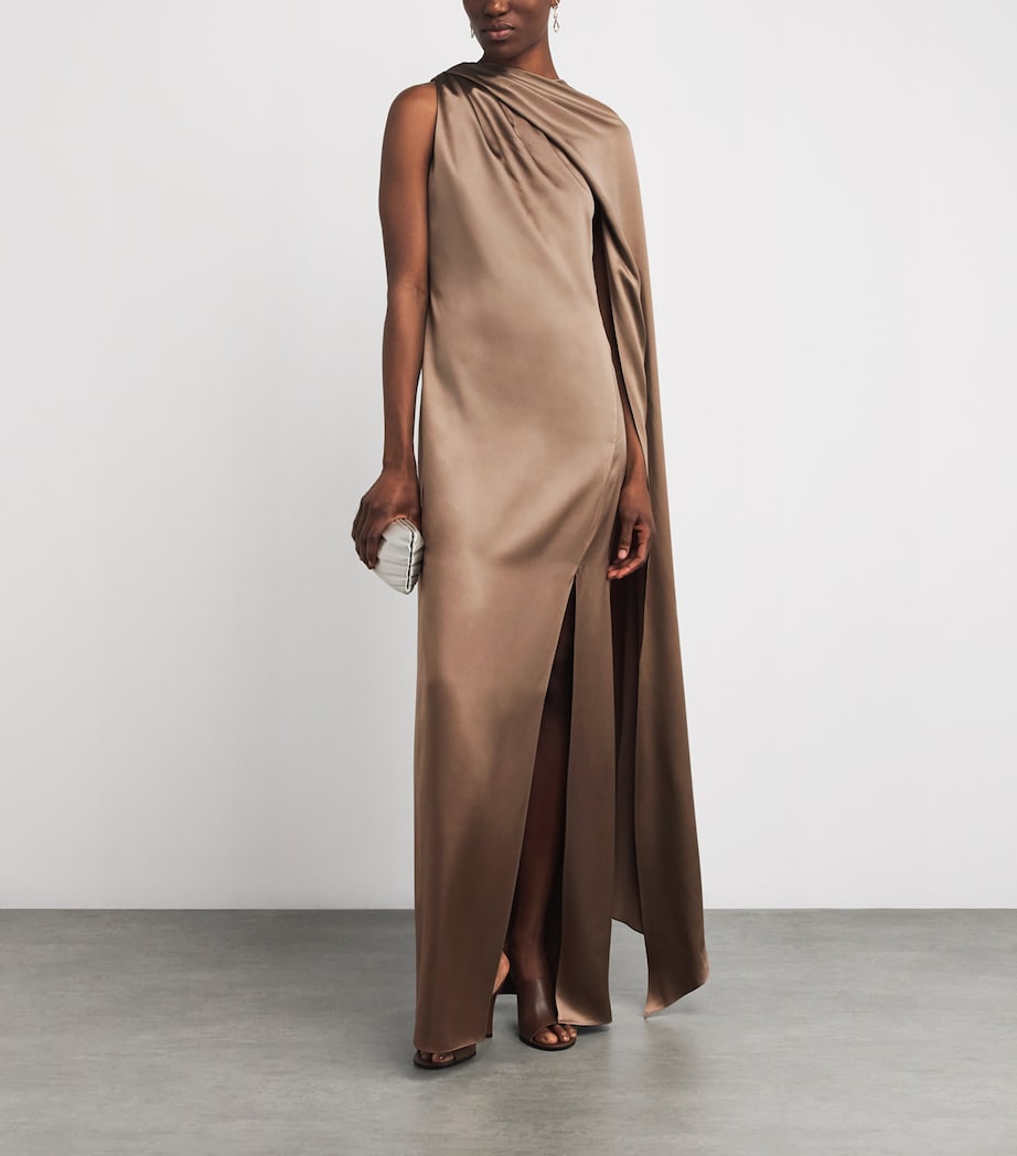 Brown Silk One-Shoulder Maxi Dress
