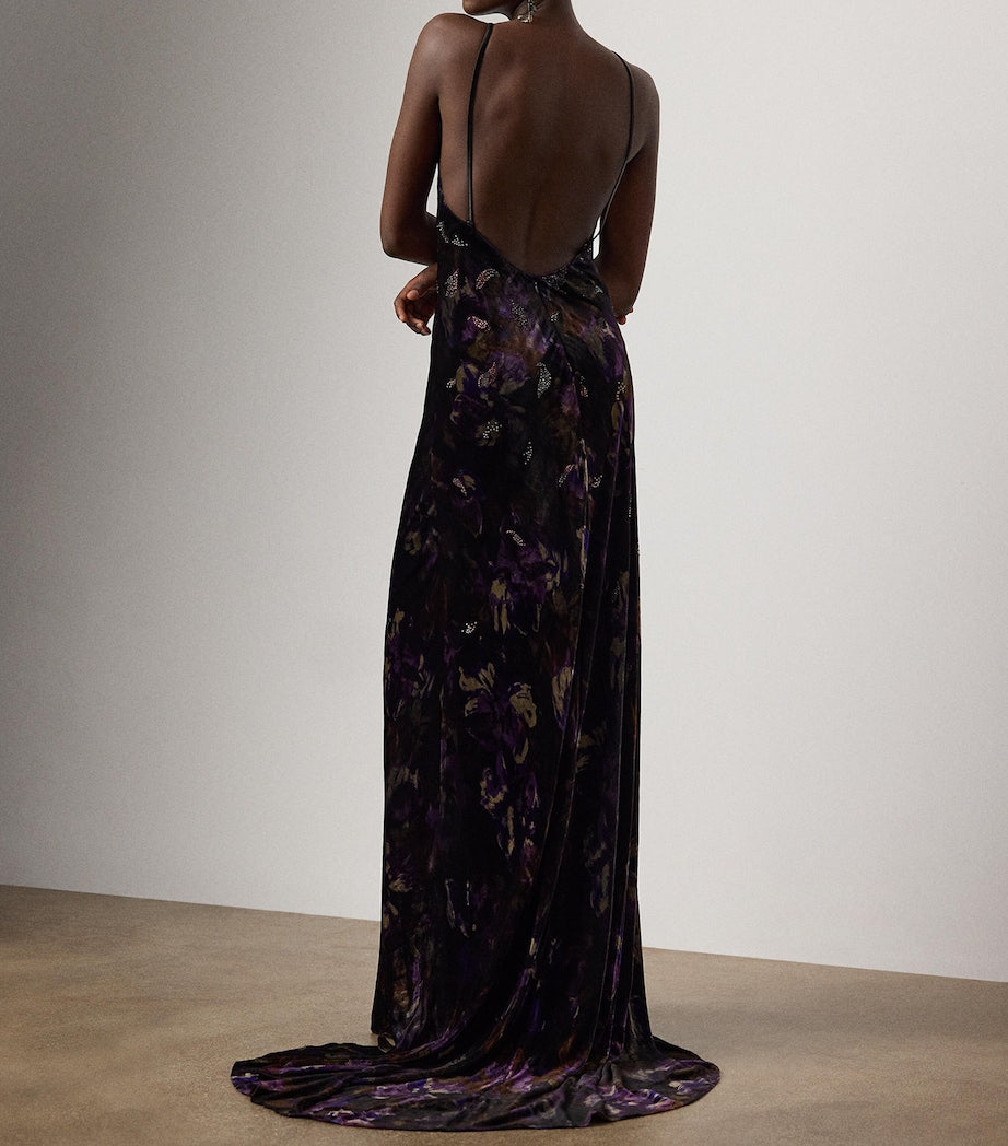 Black Velvet Embellished Floral Evening Dress