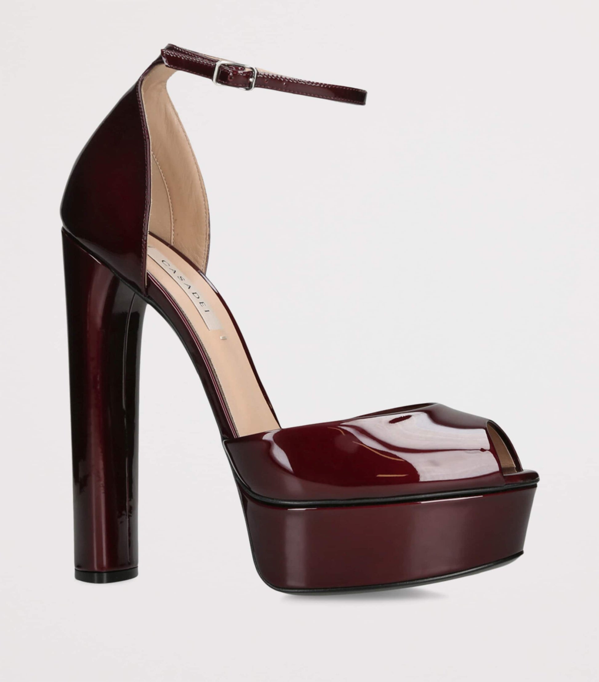 Casadei Burgundy Patent Leather Flora Platform Heels 140