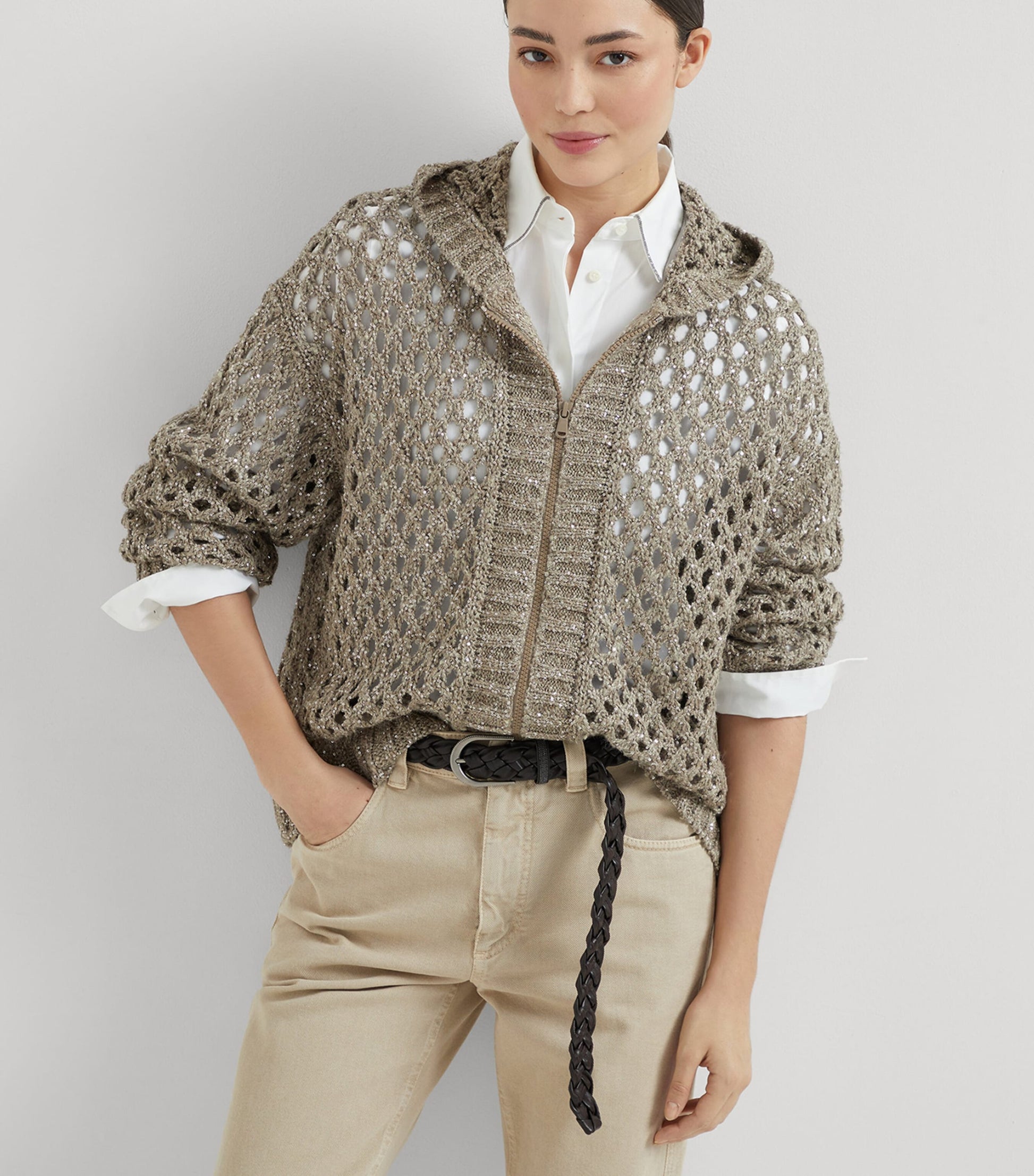 Brown Dazzling Netted Hooded Cardigan