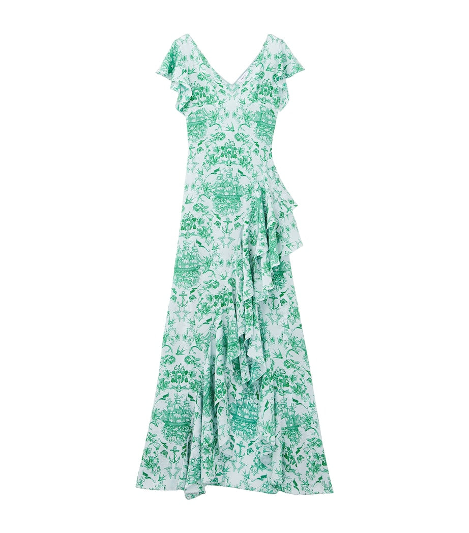 Blue Silk Sailor-Tattoo Ruffle Maxi Dress