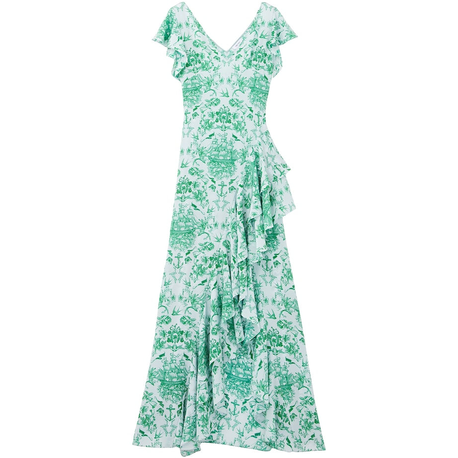 Blue Silk Sailor-Tattoo Ruffle Maxi Dress
