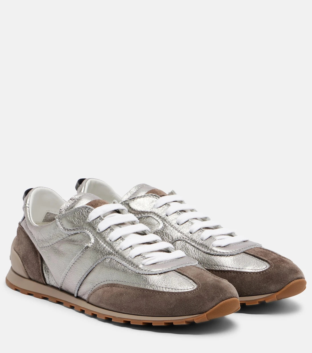 Brunello Cucinelli - Monili suede-trimmed metallic leather sneakers