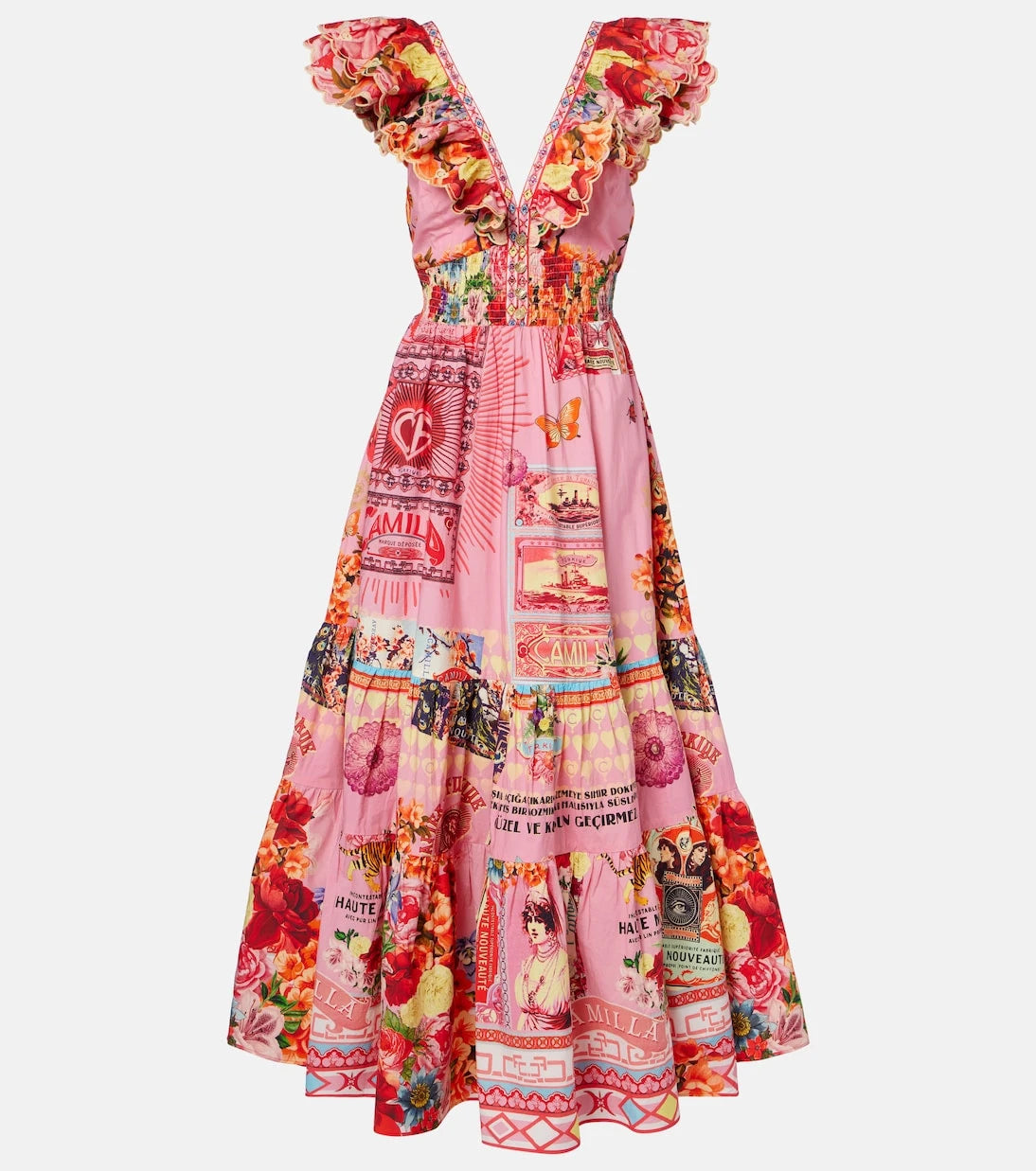 Camilla - Collage Kingdom tiered cotton maxi dress