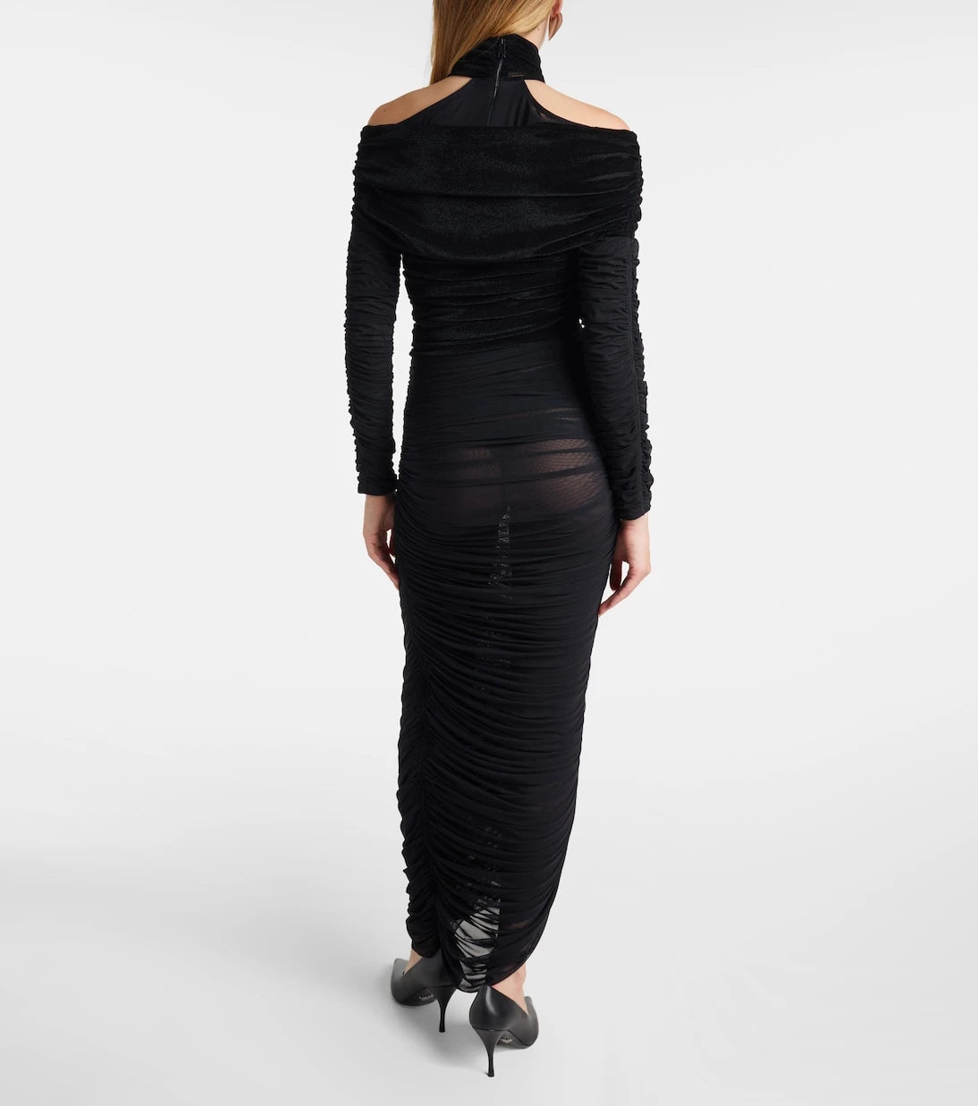 Mugler - فستان ماكسي من المخمل والشبك المنسدل